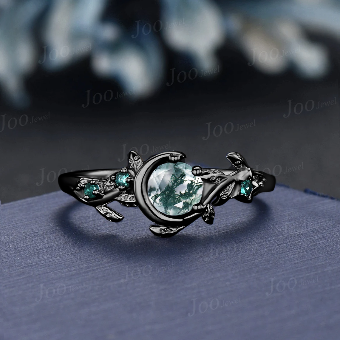 Nature Inspired Natural Moss Agate Ring Moon Star Design Vintage 1ct Round Moss Agate Engagement Ring Leaf Green Emerald Dainty Wedding Ring