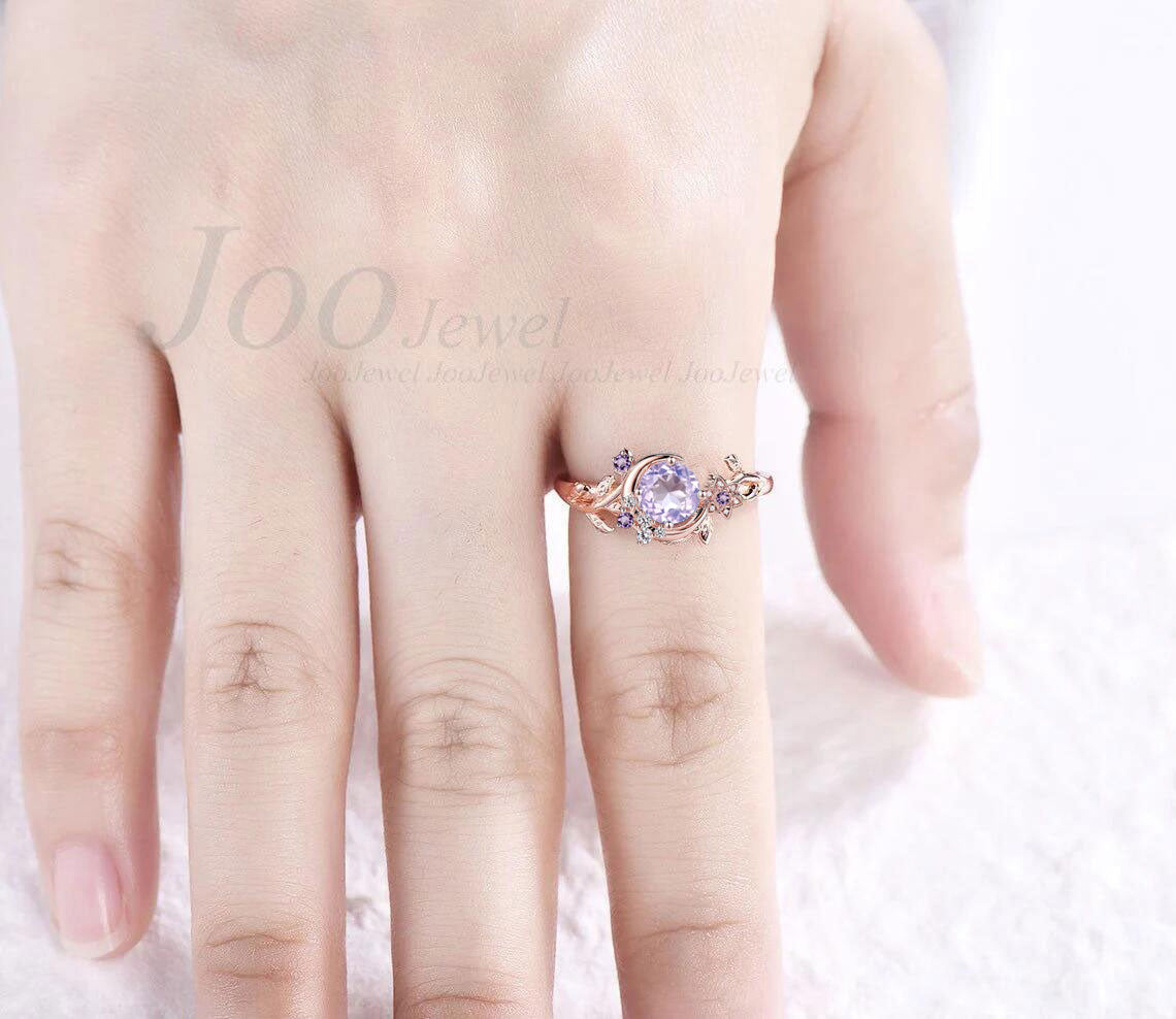 Round Lavender Amethyst Wedding Ring Crescent Moon Design Vintage Leaf Branch Flower Amethyst Dainty Cluster Crystal Promise Ring for Women