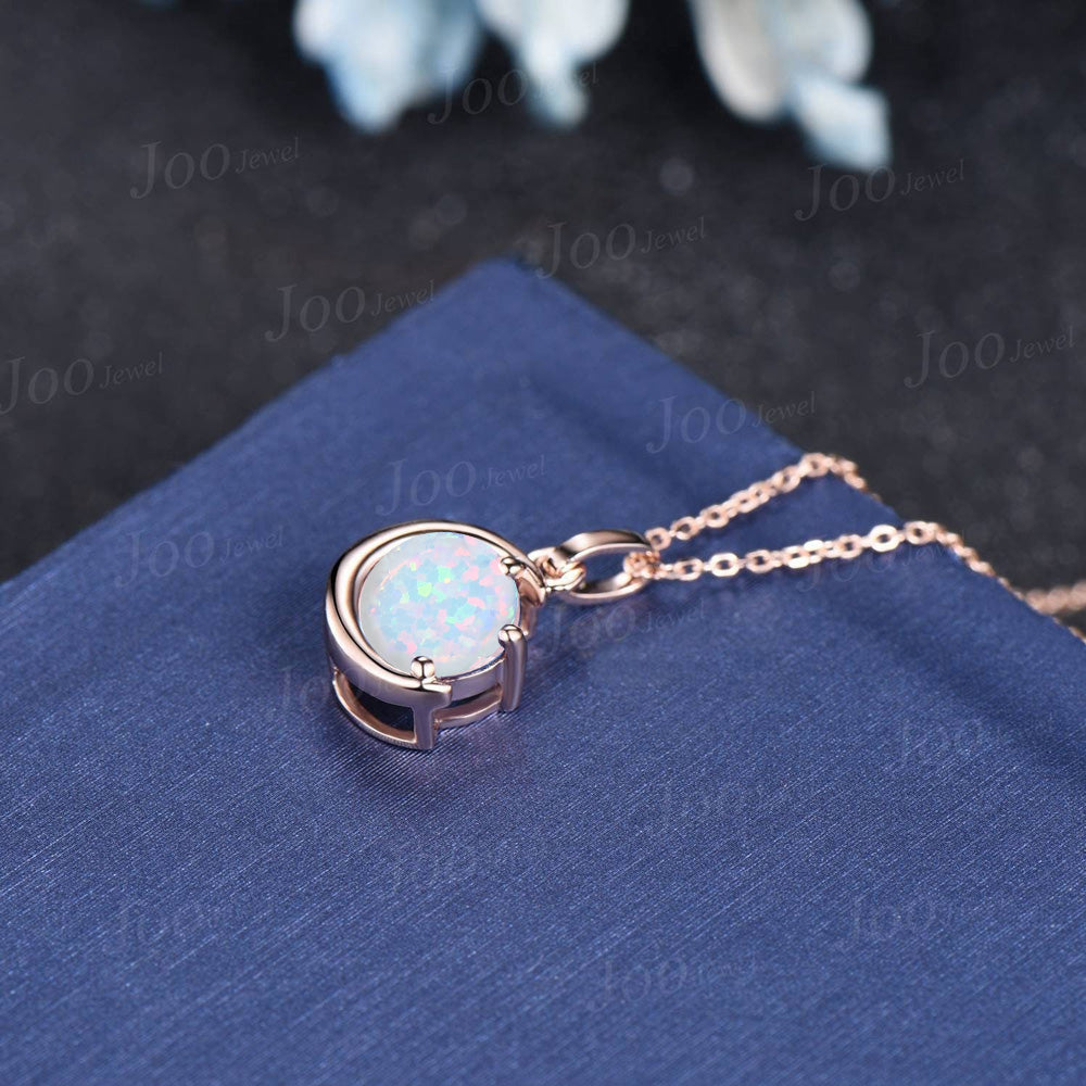 1ct Round White Fire Opal Pendant Necklace Sterling Silver/14K Yellow Gold October Birthstone Wedding Necklace Half Moon Opal Chain Necklace
