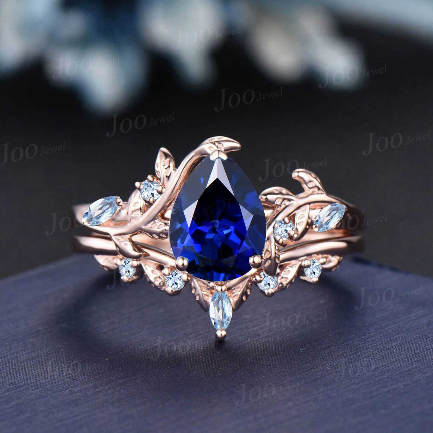 1.25ct Pear Cut Blue Sapphire Engagement Ring Set Leaf Branch Nature Inspired Real Aquamarine Wedding Ring for Women September Jewelry Gifts