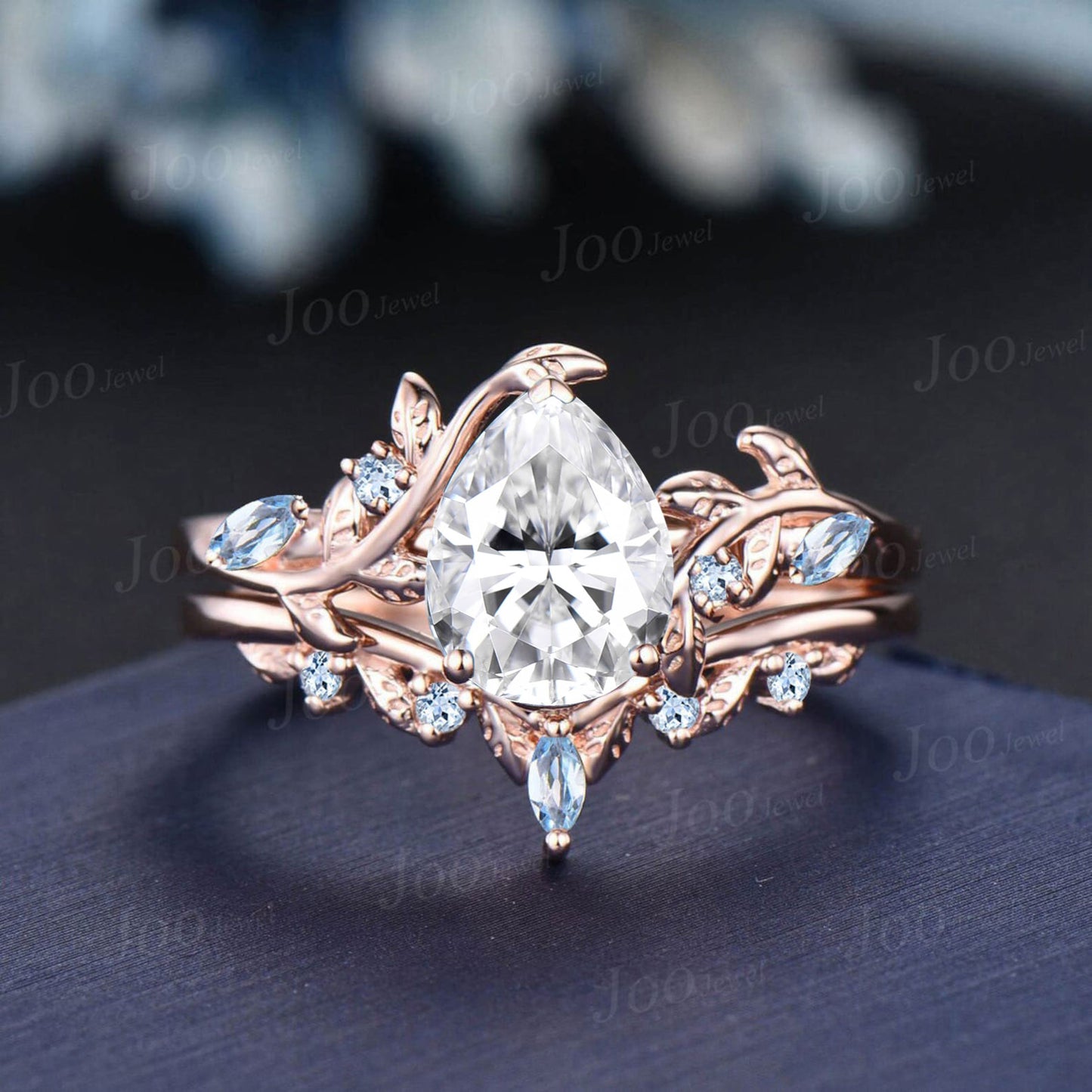 1.25ct Nature Inspired Pear Cut Moissanite Engagement Ring Set Leaf Branch Real Aquamarine Cluster Wedding Ring for Women Anniversary Gifts