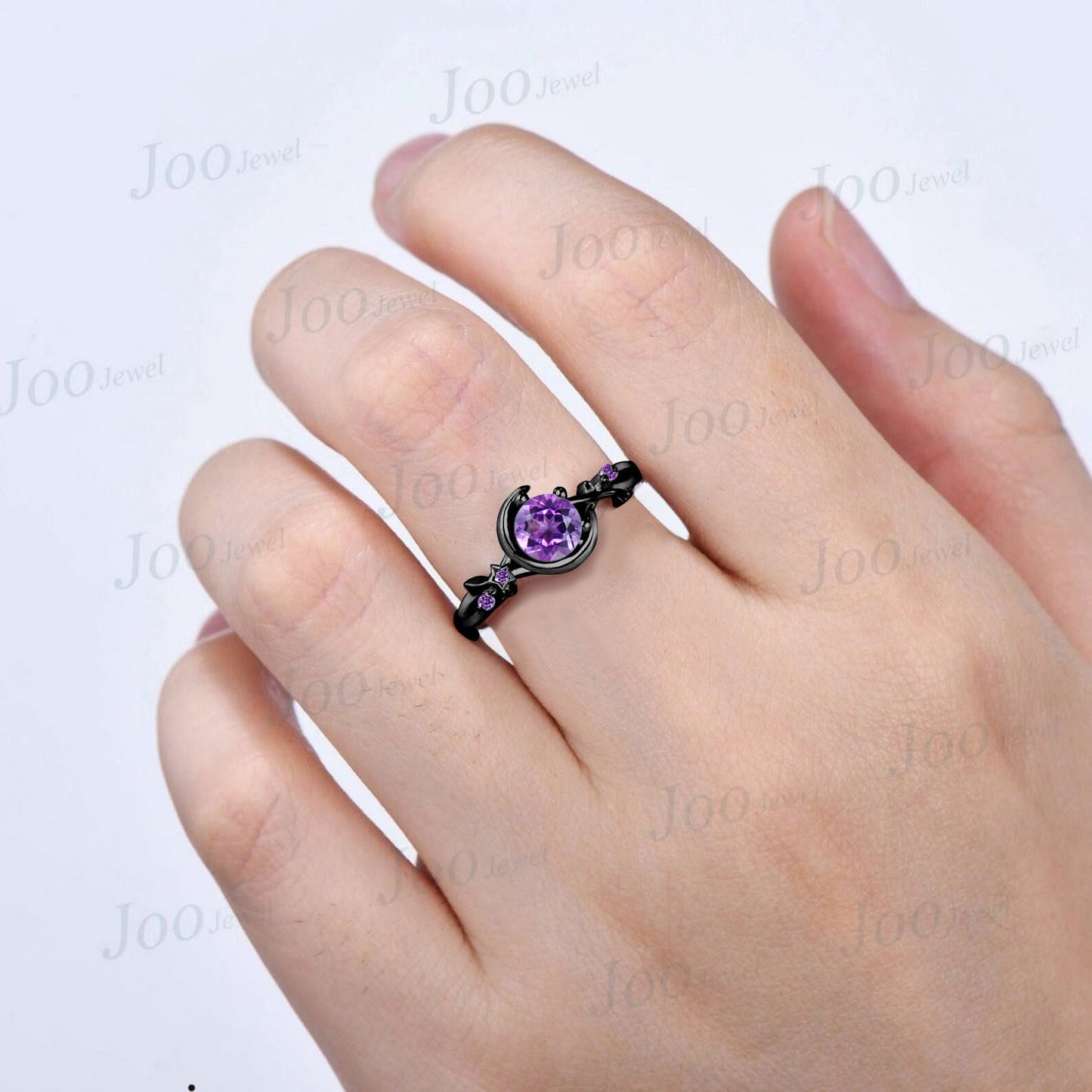 Black Gold Natural Amethyst Moon Engagement Ring Vintage Twig Vine Wedding Ring Round Amethyst Ring Unique February Birthstone Birthday Gift