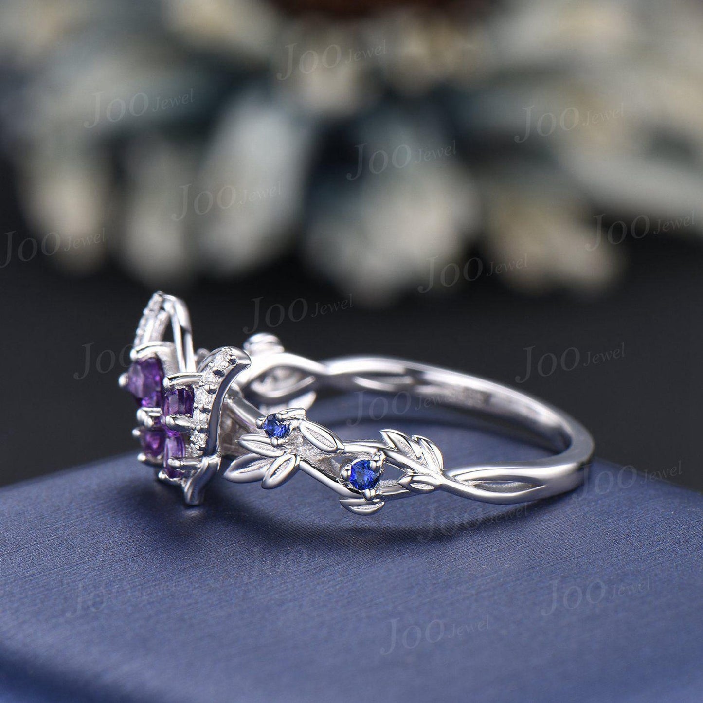 Nature Inspired Pear Natural Amethyst Ring Silver Butterfly Engagement Ring Leaf Vine Wedding Ring Unique February Birthstone Birthday Gifts