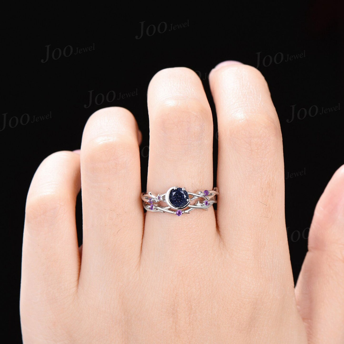 5mm Round Cut Twig Vine Starry Sky Galaxy Blue Sandstone Ring Set Sterling Silver Moon Star Amethyst Ring Celestial Moon Blue Goldstone Ring