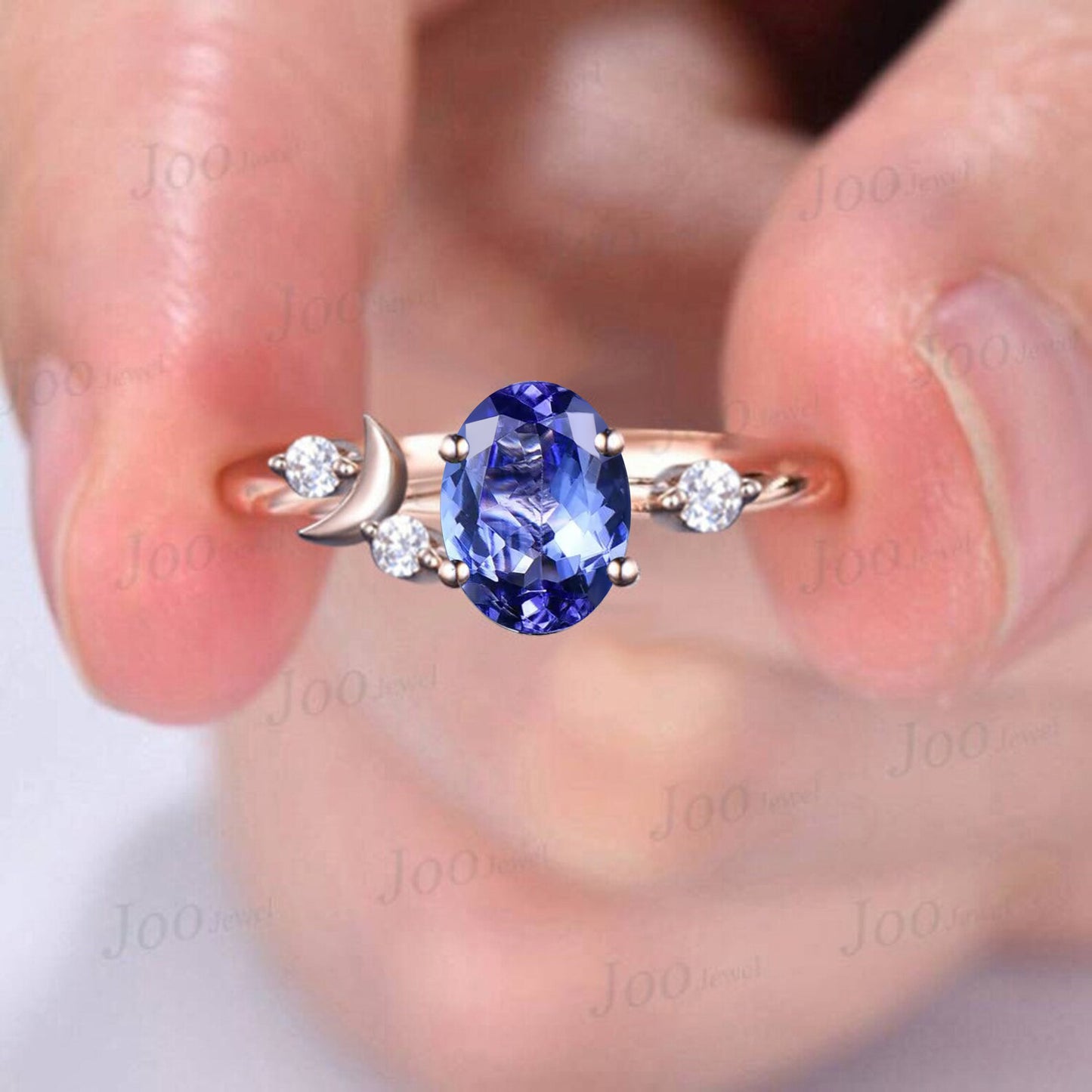 Natural Tanzanite Engagement Ring Crescent Moon Goddess Moissanite Ring Real Tanzanite Celestial Moon Wedding Ring Rose Gold Art Deco Ring