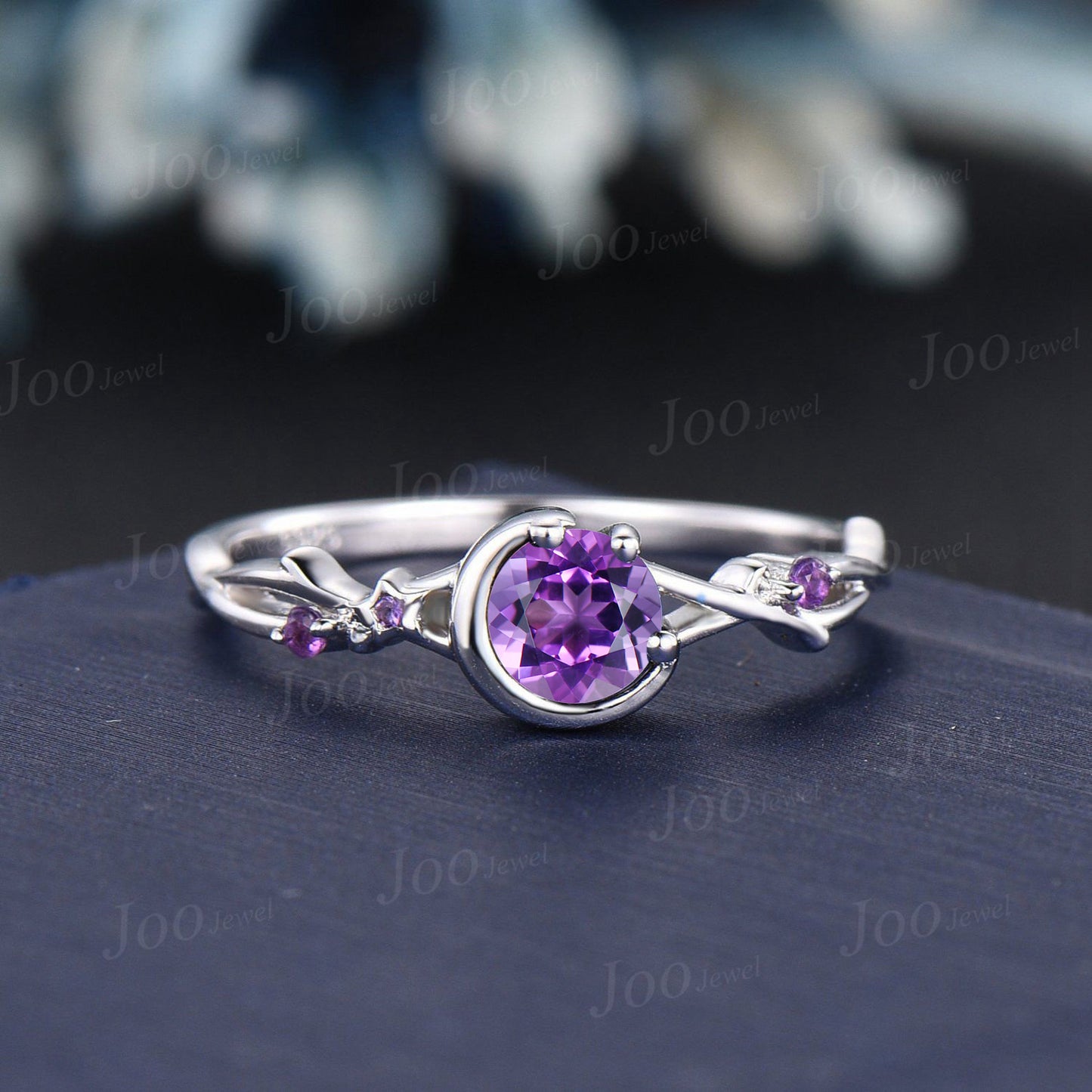 Black Gold Natural Amethyst Moon Engagement Ring Vintage Twig Vine Wedding Ring Round Amethyst Ring Unique February Birthstone Birthday Gift