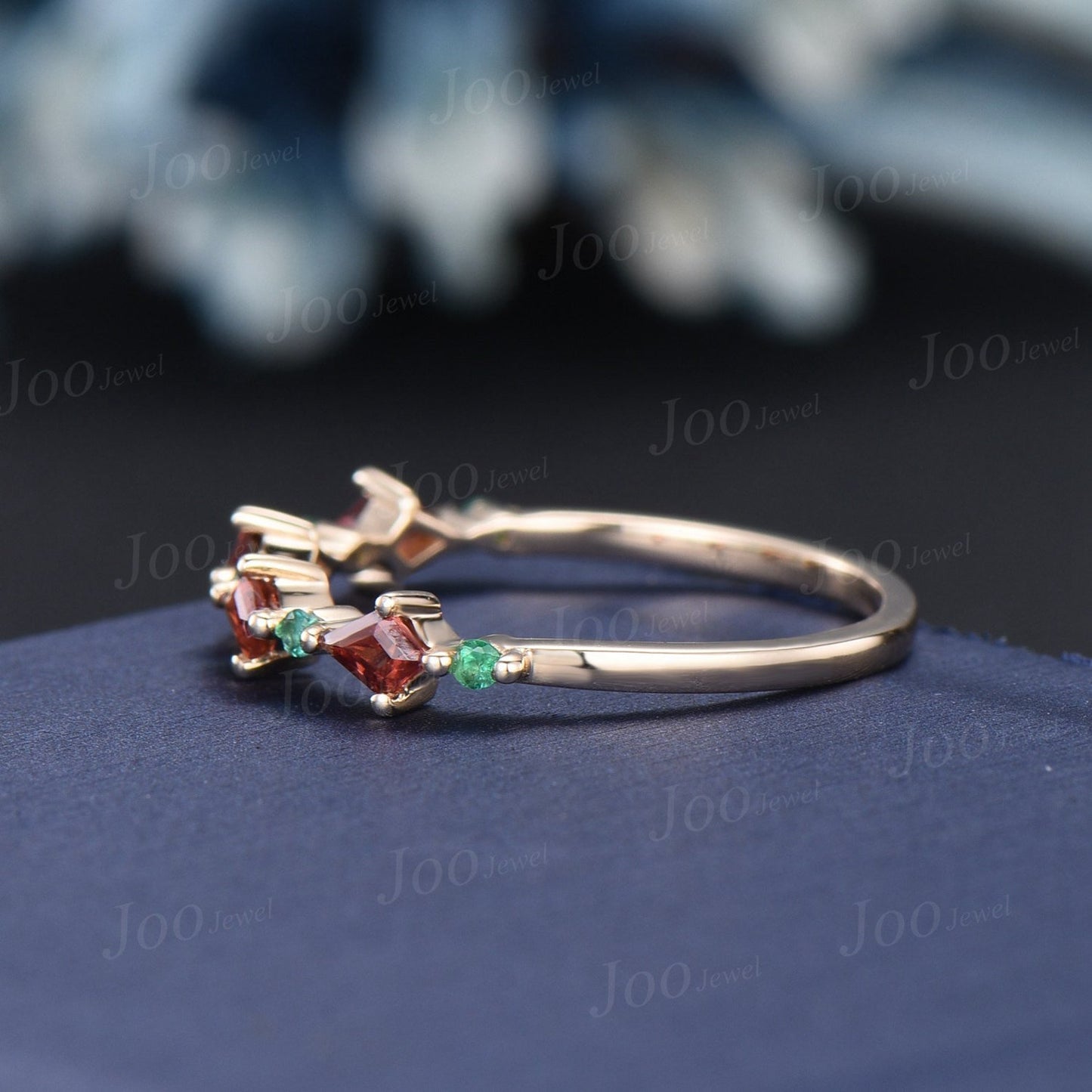 Kite Garnet Half Eternity Wedding Band Emerald Wedding Ring Red Stone Ring Vintage Rose Gold Silver Ring Women Minimalist Anniversary Rings