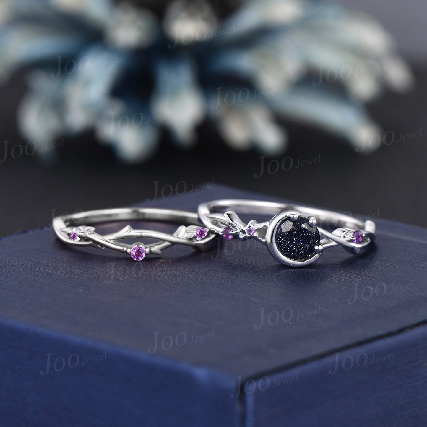 5mm Round Cut Twig Vine Starry Sky Galaxy Blue Sandstone Ring Set Sterling Silver Moon Star Amethyst Ring Celestial Moon Blue Goldstone Ring