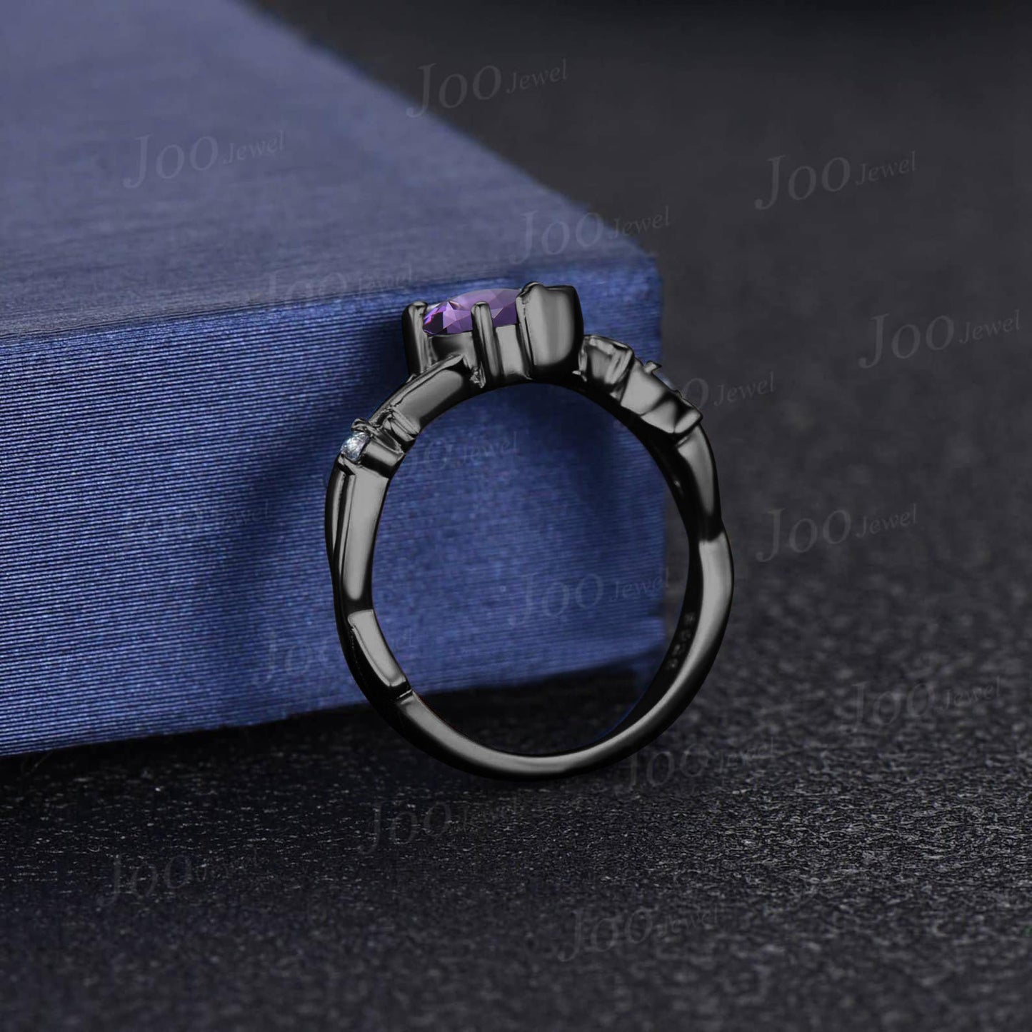 Black Gold Natural Amethyst Moon Engagement Ring Vintage Twig Vine Wedding Ring Round Amethyst Ring Unique February Birthstone Birthday Gift