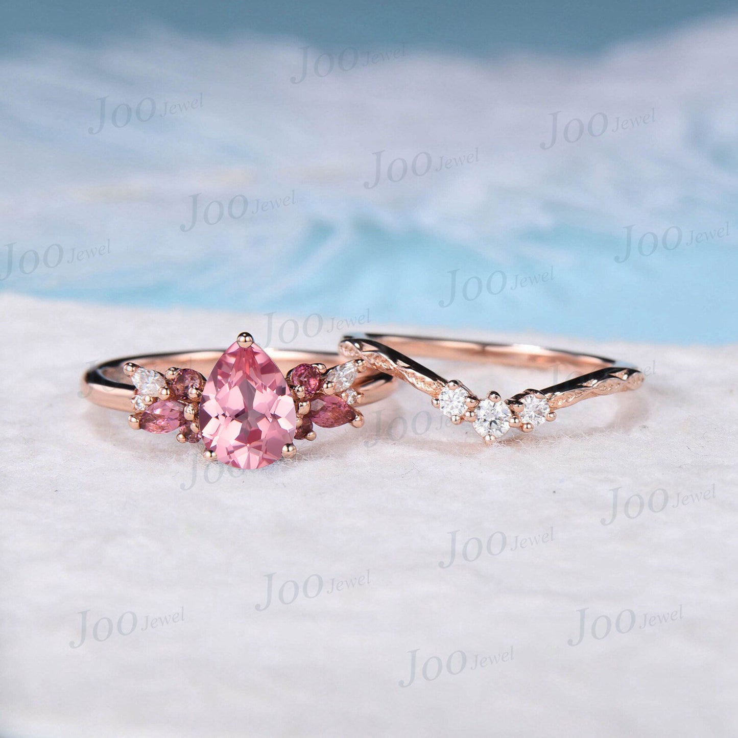 1.25ct Pear Cut Pink Padparadscha Engagement Ring Real Pink Tourmaline Moissanite Cluster Bridal Set Twig Vine Band Anniversary Gifts Women