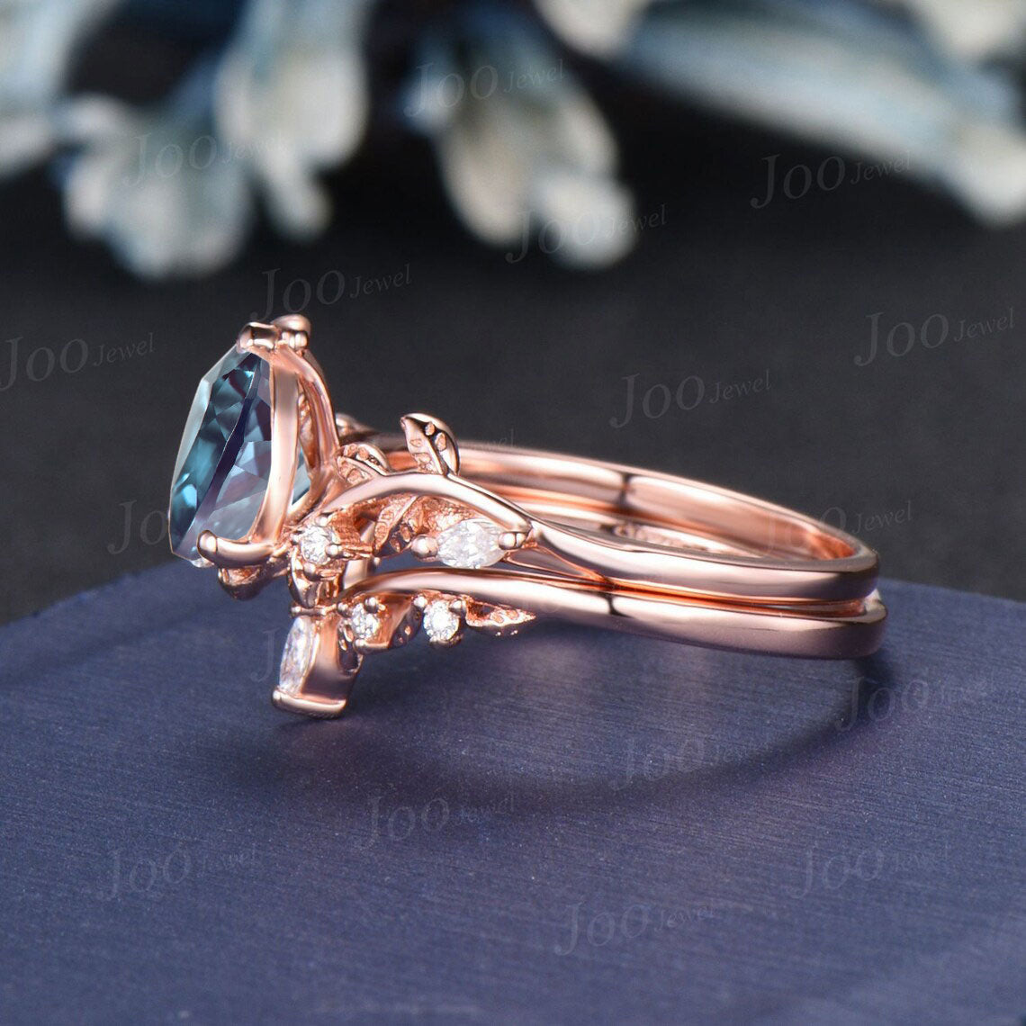 2CT Princess Cut Color-Change Alexandrite Bridal Ring Set 14K Rose Gold Princess Moissanite Leaf Band Vine Branch Nature Wedding Ring Women