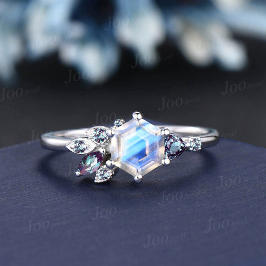 1ct Hexagon Natural Moonstone Engagement Rings 10K White Gold Color-Change Alexandrite Ring Unique Cluster Wedding Ring June Birthstone Gift