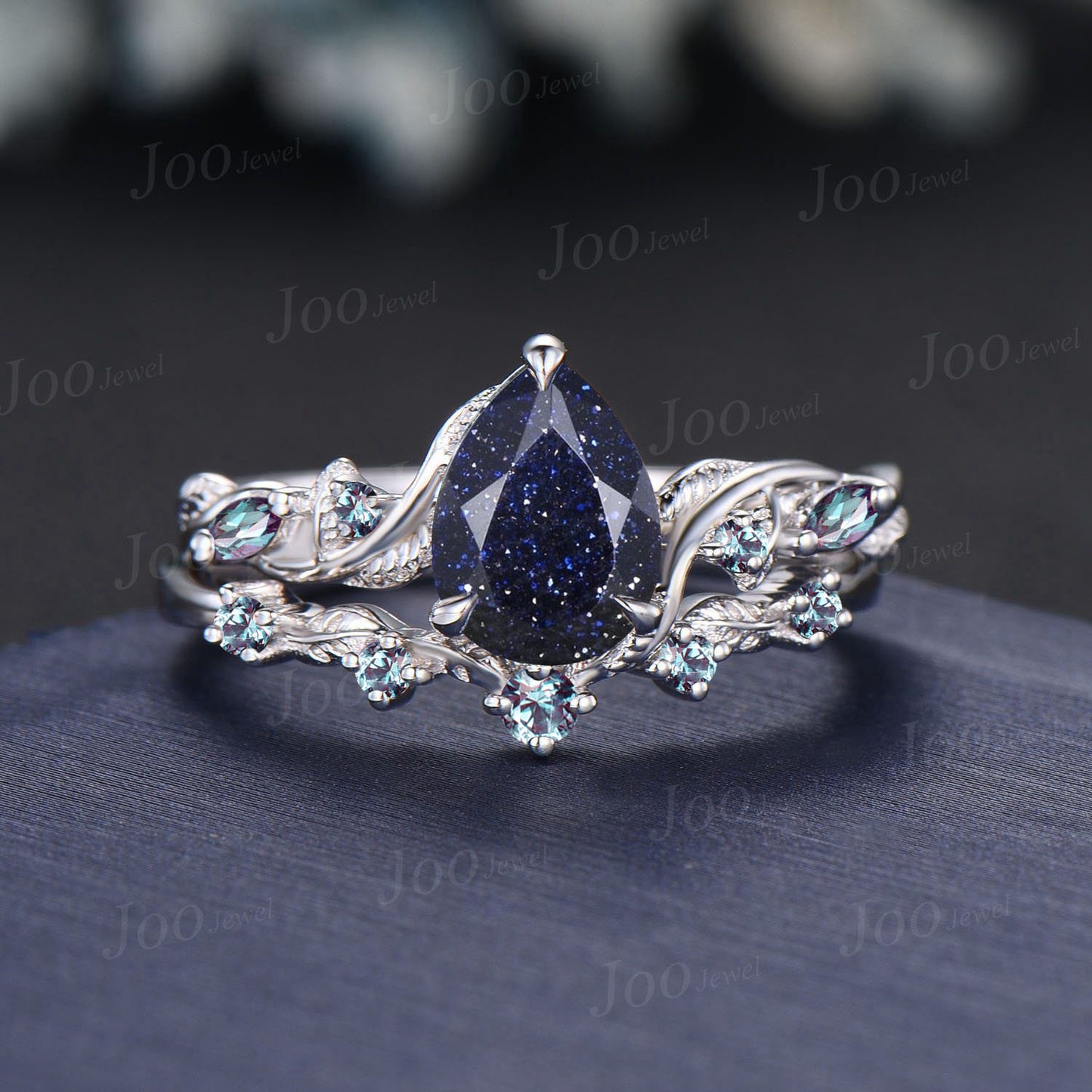 1.25ct Pear Galaxy Starry Sky Blue Sandstone Nature Engagement Ring Set 14K White Gold Leaf Branch Twig Vine Black Wedding Ring for Women