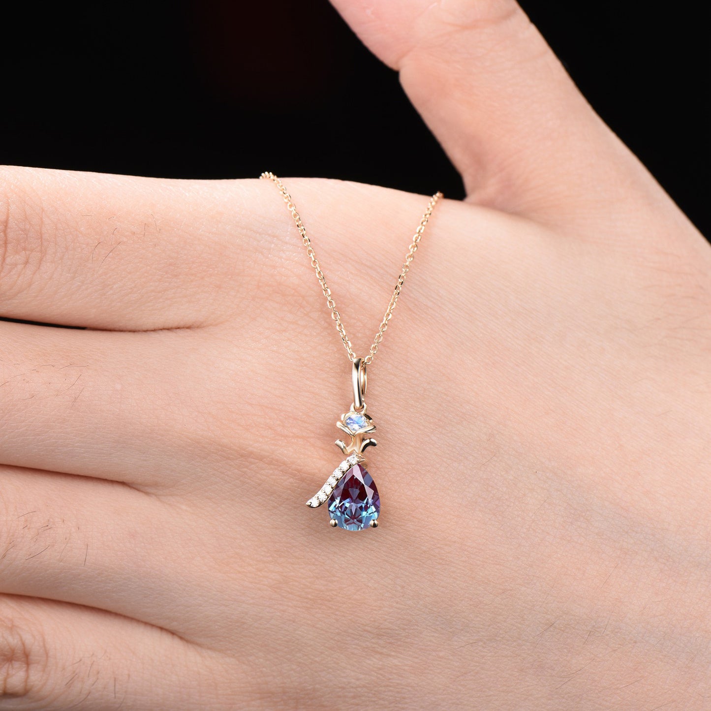 14K Solid Gold Floral Gemstone Necklace Pear Cut Color-Change Alexandrite and Moonstone Pendant Handmade Rose Flower Nature Inspired Pendant