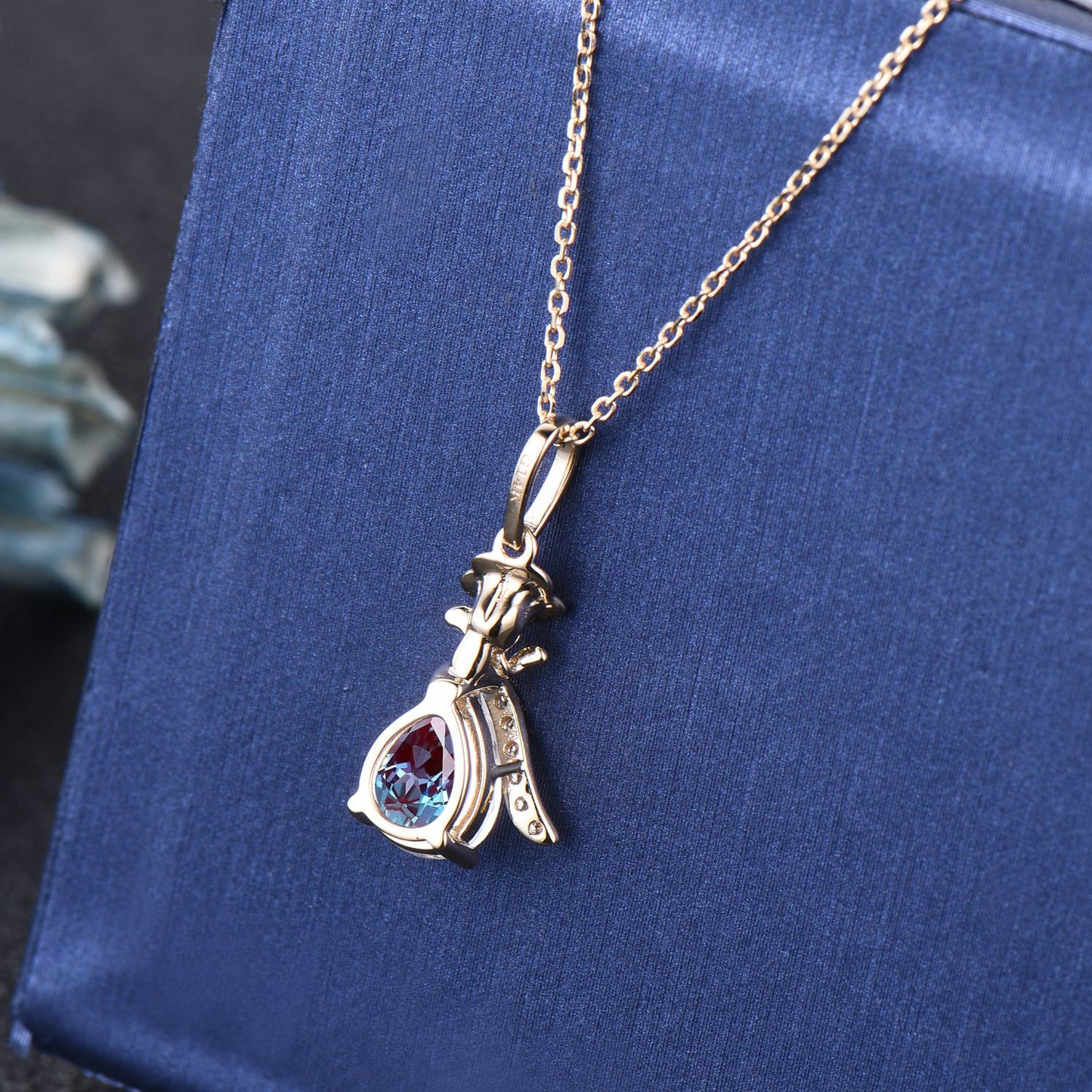 14K Solid Gold Floral Gemstone Necklace Pear Cut Color-Change Alexandrite and Moonstone Pendant Handmade Rose Flower Nature Inspired Pendant