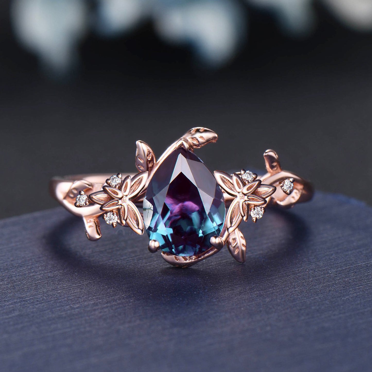 Celtic Twig Vine Pear Color-Change Alexandrite Diamond Ring Set Nature Inspired Leaf Engagement Ring 14K Rose Gold Trinity Knot Moon Rings