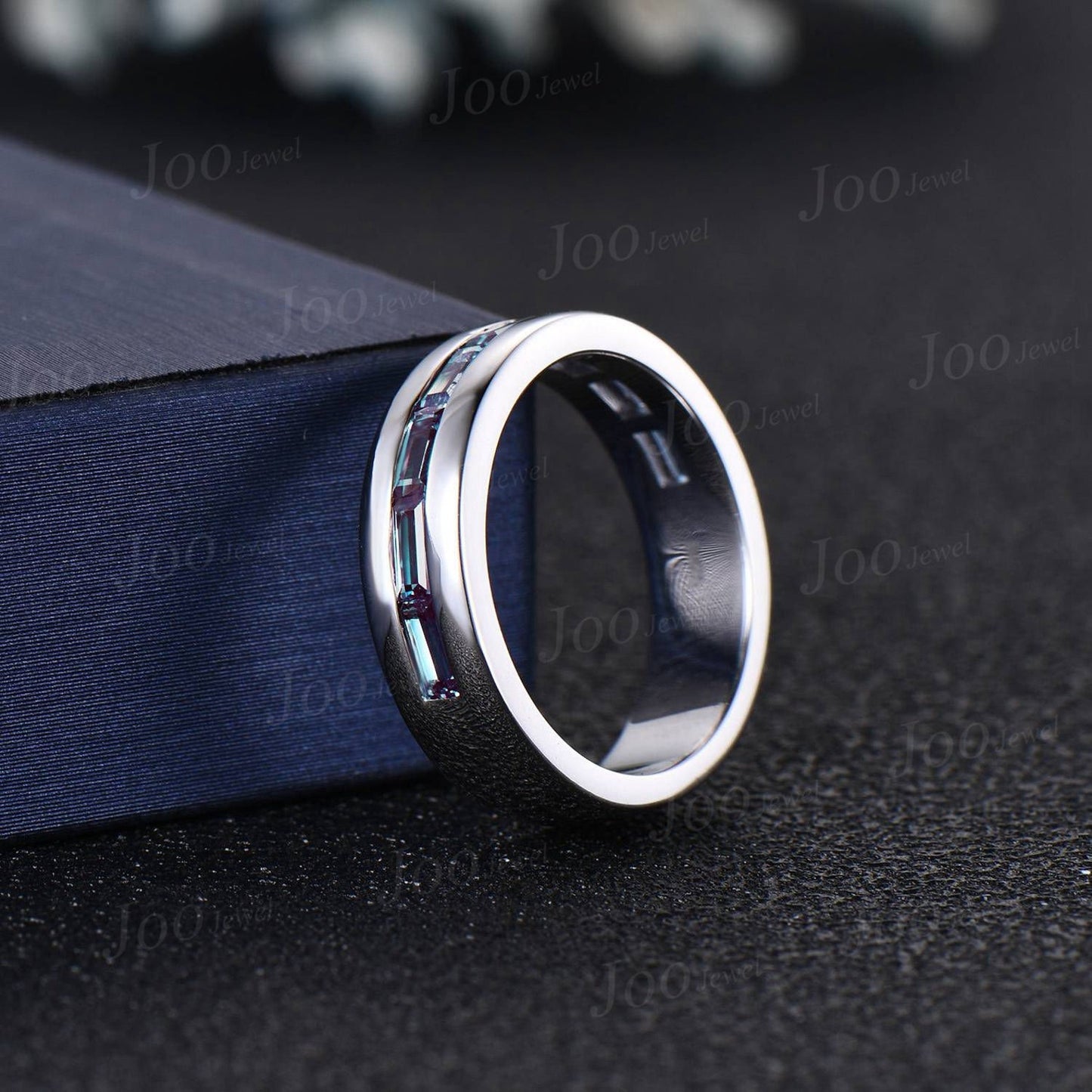 Mens Alexandrite Polish Finish Wedding Band Baguette Cut Alexandrite Band 6mm Solid Gold Vintage Half Eternity Band Men Solitaire Retro Ring