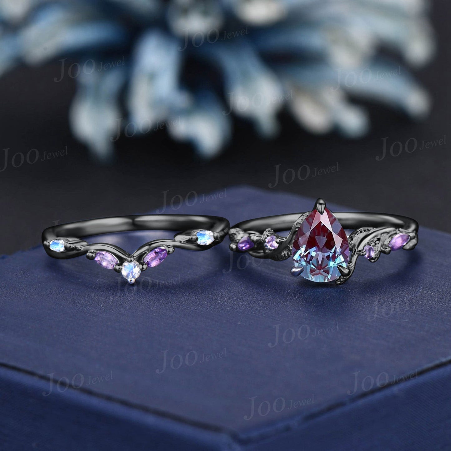 Black Ring Set Nature Inspired Color-Change Alexandrite Amethyst Bridal Set Twig Vine Pear Alexandrite Engagement Ring June Birthstone Gifts