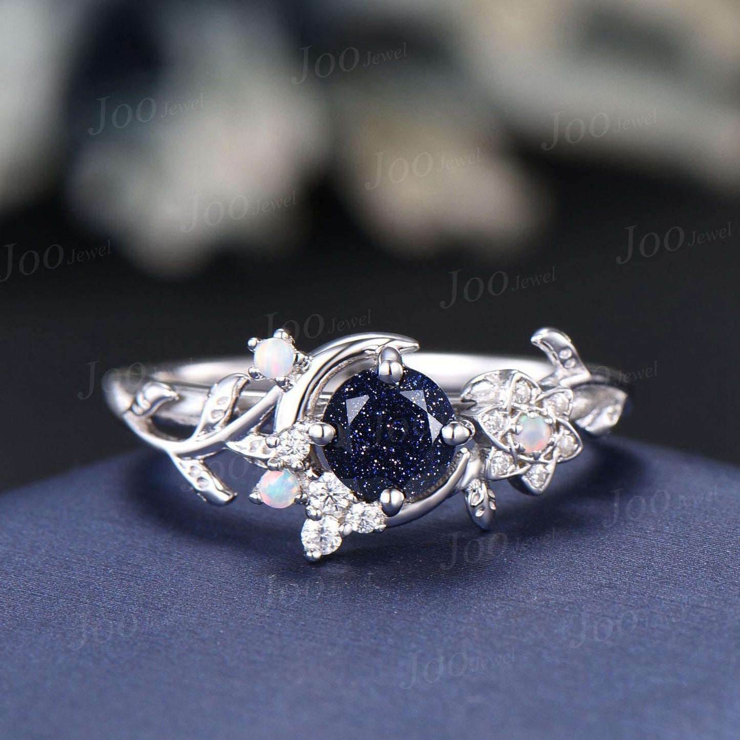 Nature Inspired Round Galaxy Blue Sandstone Amethyst Wedding Ring Unique Moon Leaf Vine Blue Goldstone Engagement Ring Art Deco Promise Ring