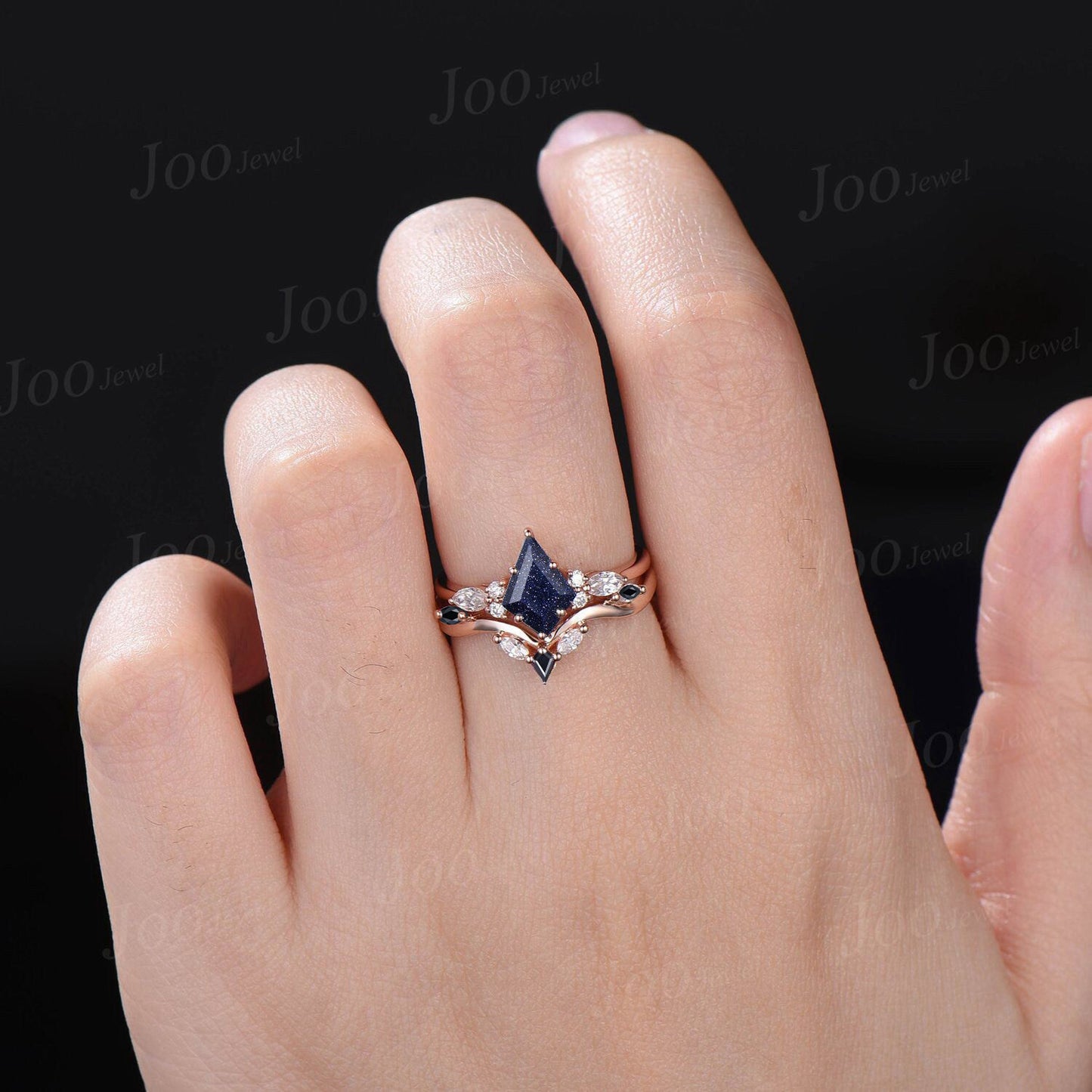Galaxy Blue Goldstone Kite Engagement Ring Set 14K Rose Gold Marquise Moissanite Black Spinel Bridal Ring Unique Anniversary/Promise Gifts