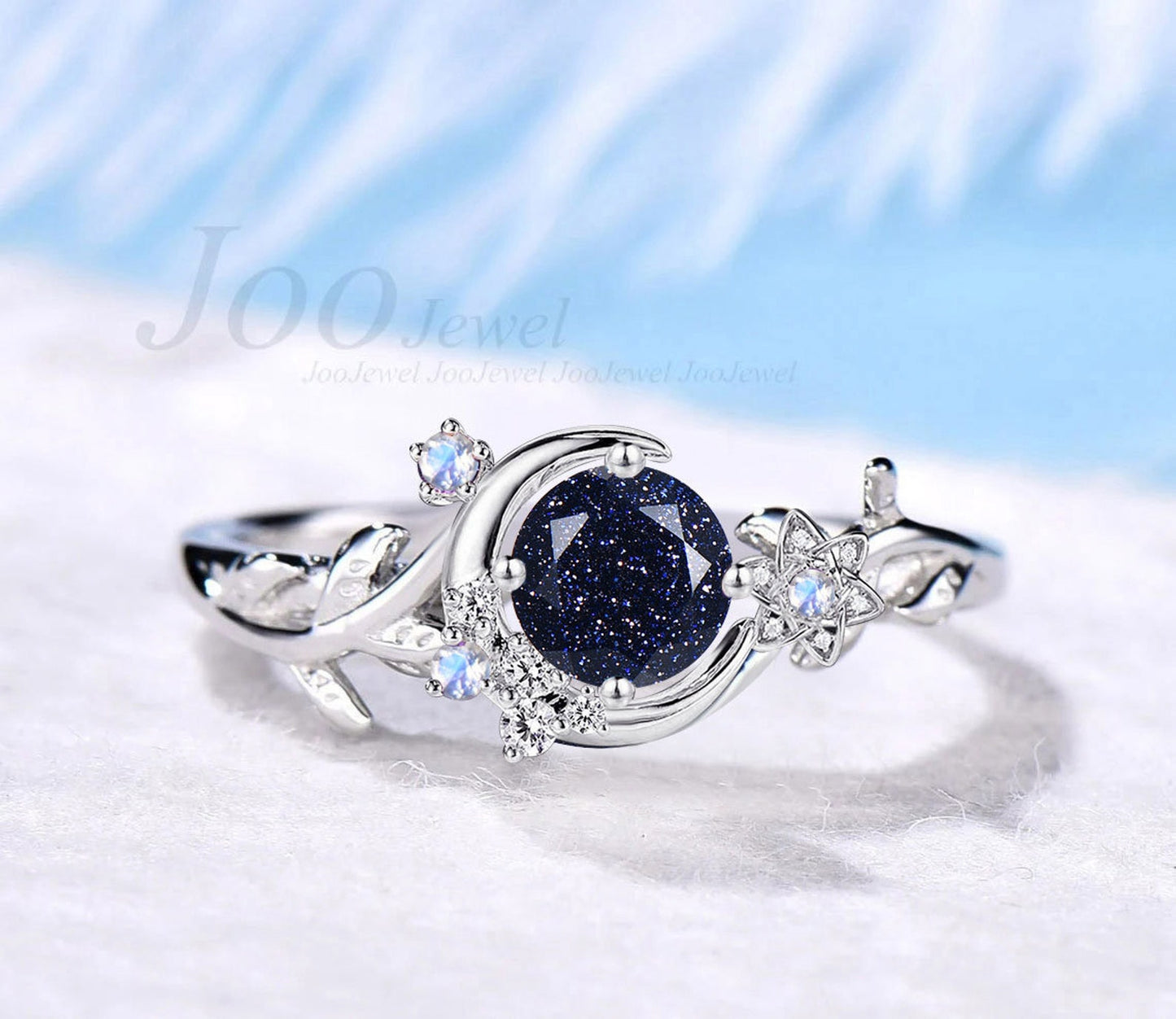 Nature Inspired Round Galaxy Blue Sandstone Amethyst Wedding Ring Unique Moon Leaf Vine Blue Goldstone Engagement Ring Art Deco Promise Ring