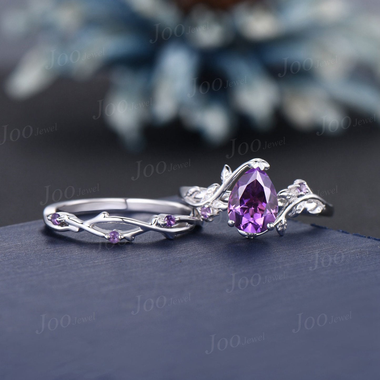 Nature Inspired Amethyst Leaf Ring Set 10K White Gold 1.25ct Pear Cut Natural Amethyst Crystal Set Unique February Birthstone Birthday Gift