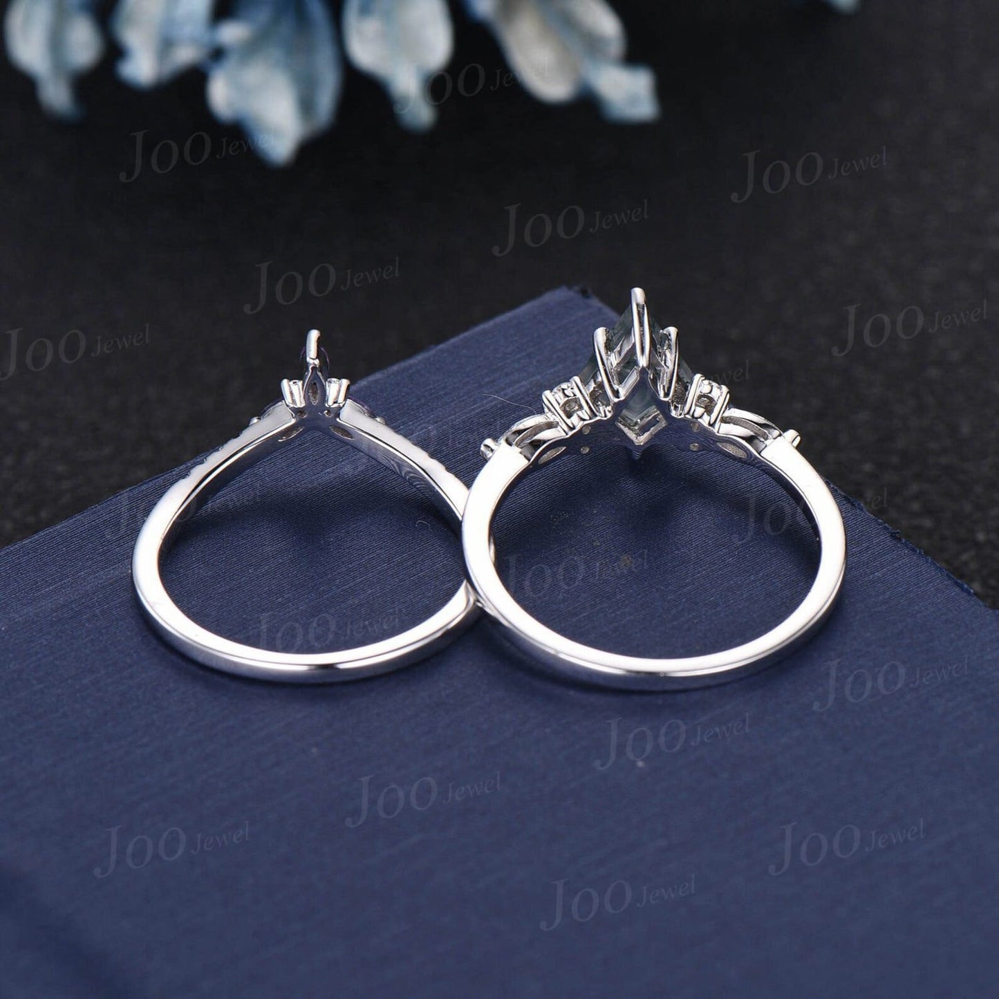 Vintage 1CT Kite Cut Green Emerald Engagement Ring Set 14K White Gold Marquise Moss Agate Moissanite Ring Women Unique Emerald Wedding Ring