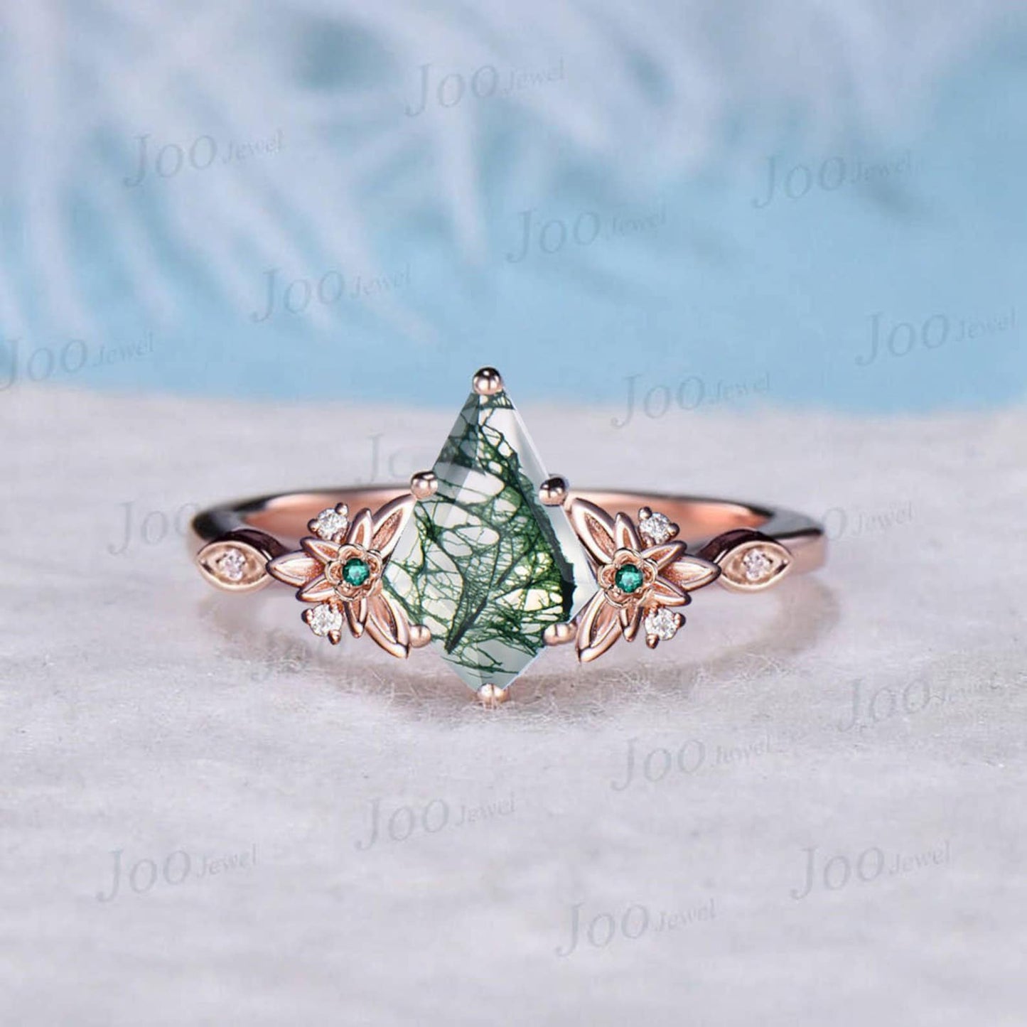 Vintage Oval Natural Green Moss Agate Emerald Engagement Ring Rose Gold Twig Leaf Floral Antique Unique Cluster Diamond Bridal Wedding Ring