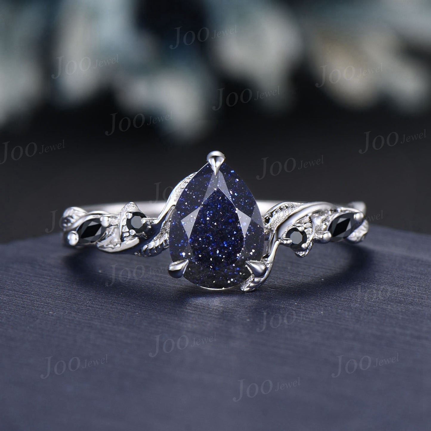 1.25ct Pear Galaxy Starry Sky Blue Sandstone Nature Engagement Ring Set 14K White Gold Leaf Branch Twig Vine Black Wedding Ring for Women