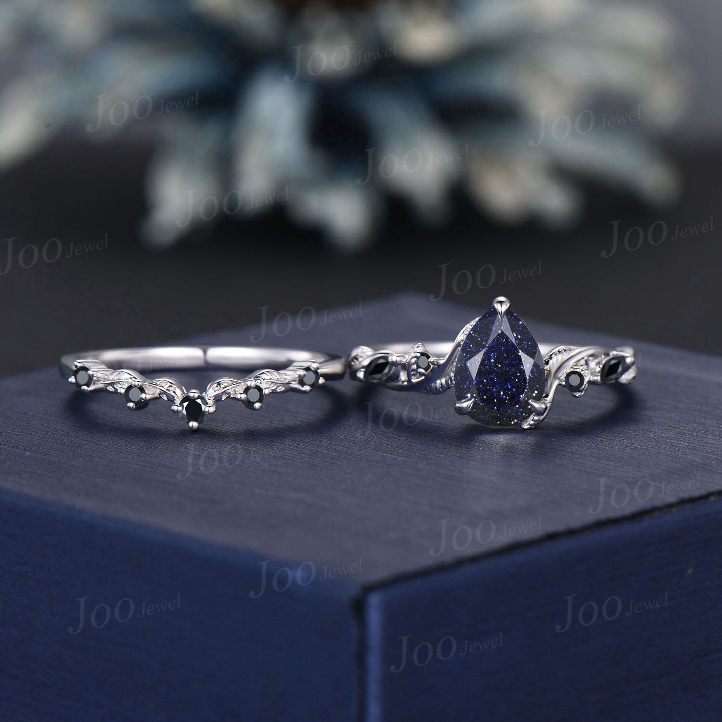 1.25ct Pear Galaxy Starry Sky Blue Sandstone Nature Engagement Ring Set 14K White Gold Leaf Branch Twig Vine Black Wedding Ring for Women