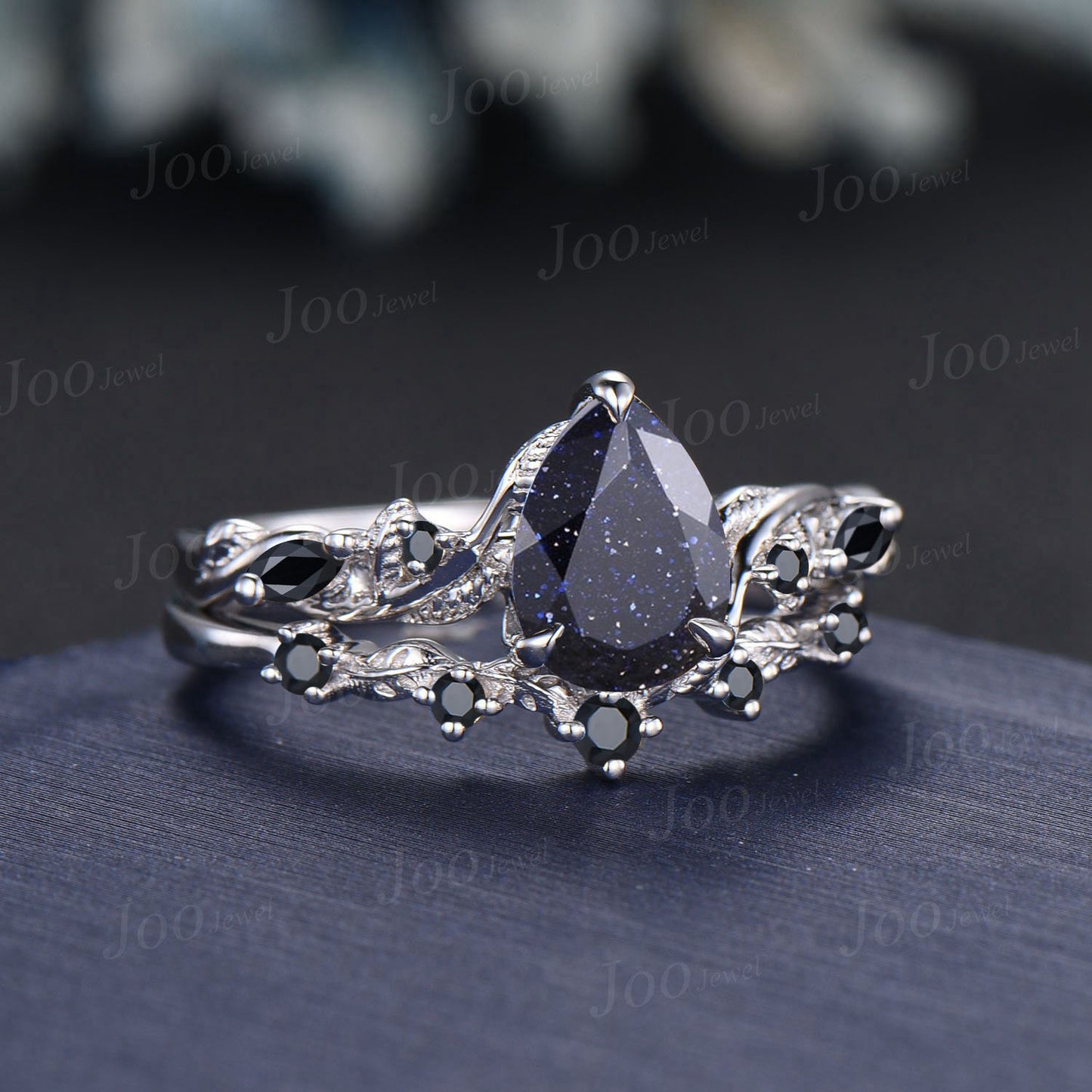 1.25ct Pear Galaxy Starry Sky Blue Sandstone Nature Engagement Ring Set 14K White Gold Leaf Branch Twig Vine Black Wedding Ring for Women