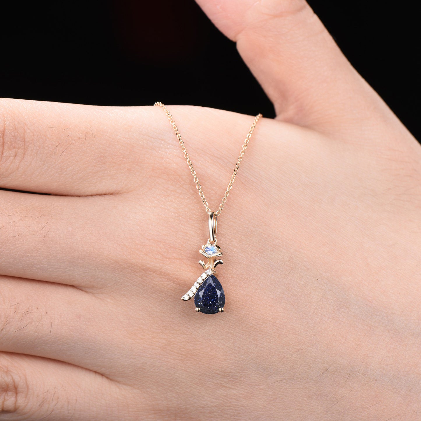 1.25ct Pear Galaxy Blue Sandstone Pendant Solid Gold Moonstone Floral Wedding Necklace Unique Handmade Proposal/Christmas Gifts for Women