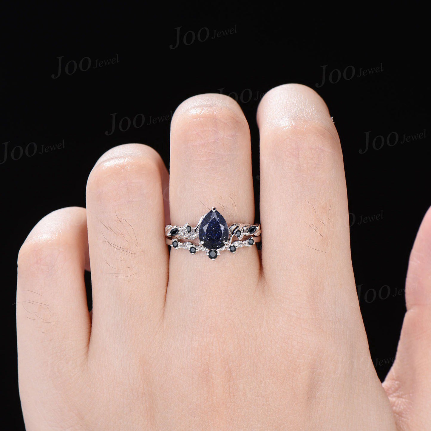 1.25ct Pear Galaxy Starry Sky Blue Sandstone Nature Engagement Ring Set 14K White Gold Leaf Branch Twig Vine Black Wedding Ring for Women