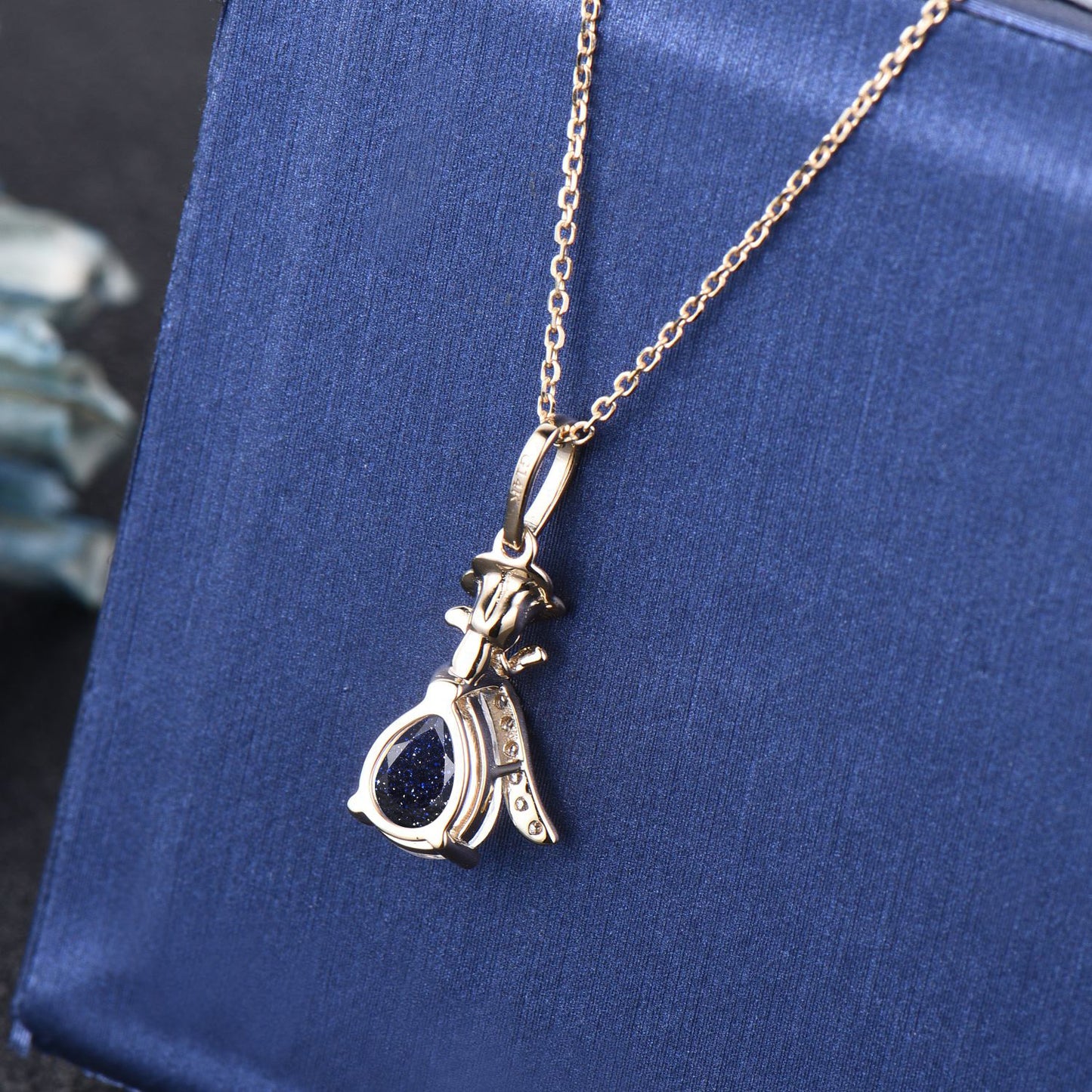 1.25ct Pear Galaxy Blue Sandstone Pendant Solid Gold Moonstone Floral Wedding Necklace Unique Handmade Proposal/Christmas Gifts for Women
