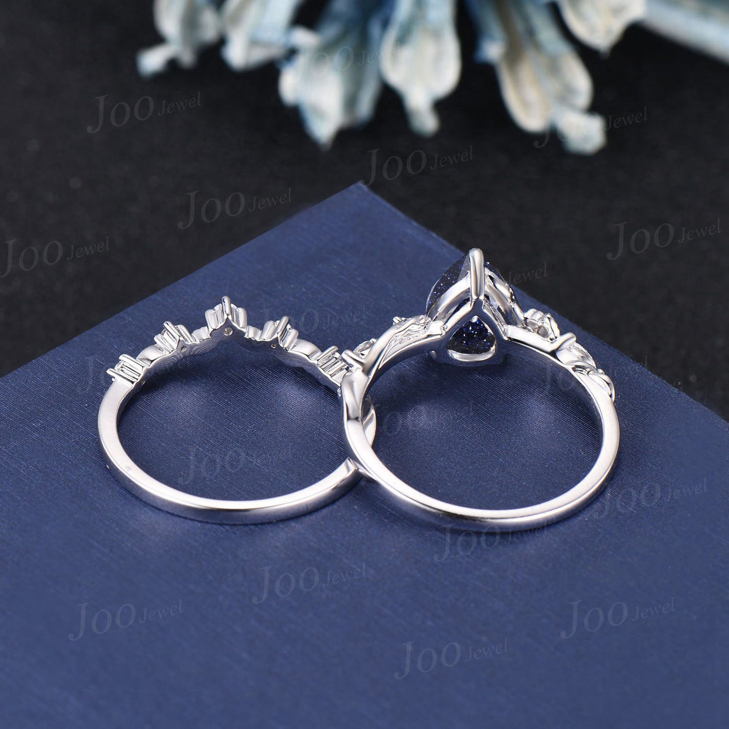 1.25ct Pear Galaxy Starry Sky Blue Sandstone Nature Engagement Ring Set 14K White Gold Leaf Branch Twig Vine Black Wedding Ring for Women