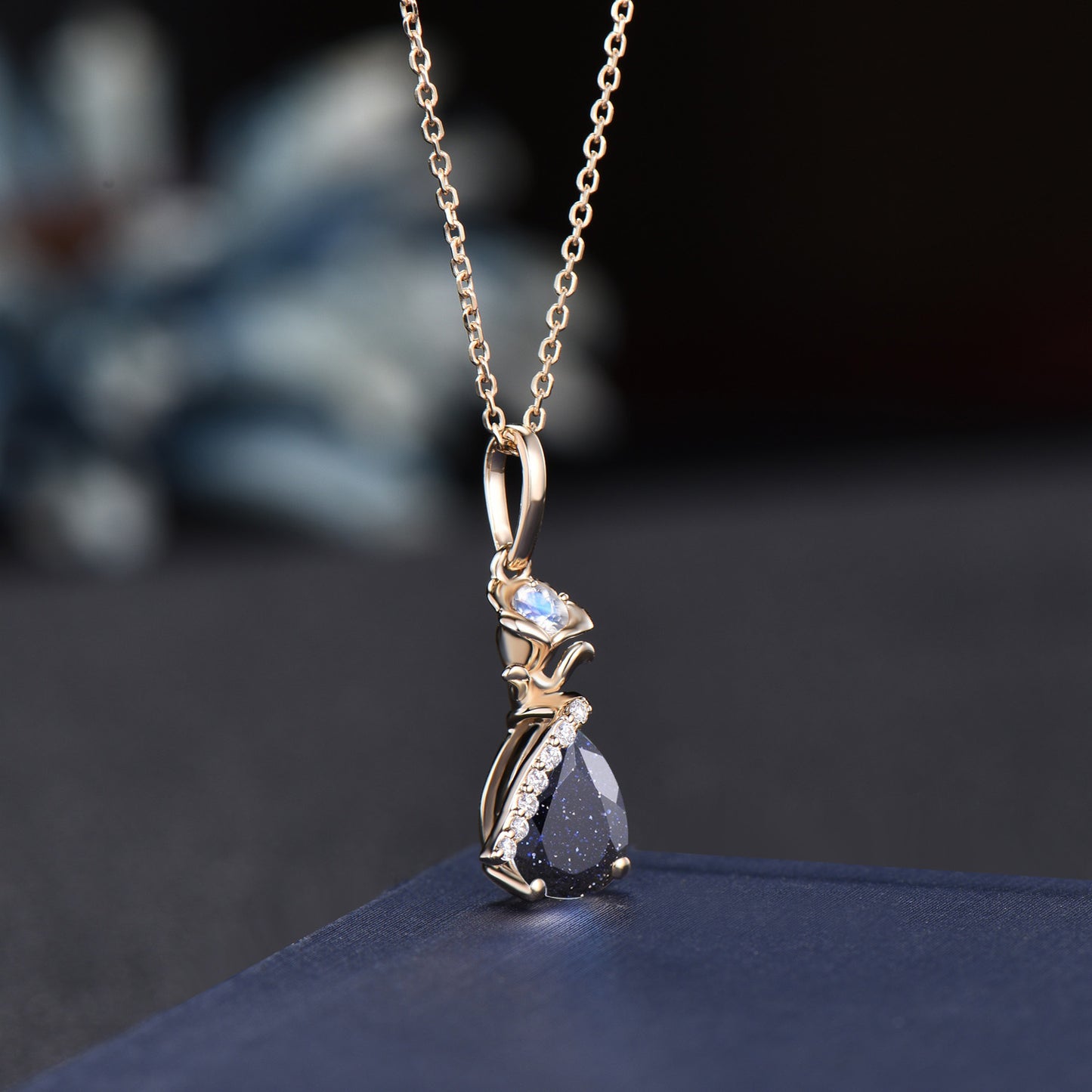 1.25ct Pear Galaxy Blue Sandstone Pendant Solid Gold Moonstone Floral Wedding Necklace Unique Handmade Proposal/Christmas Gifts for Women