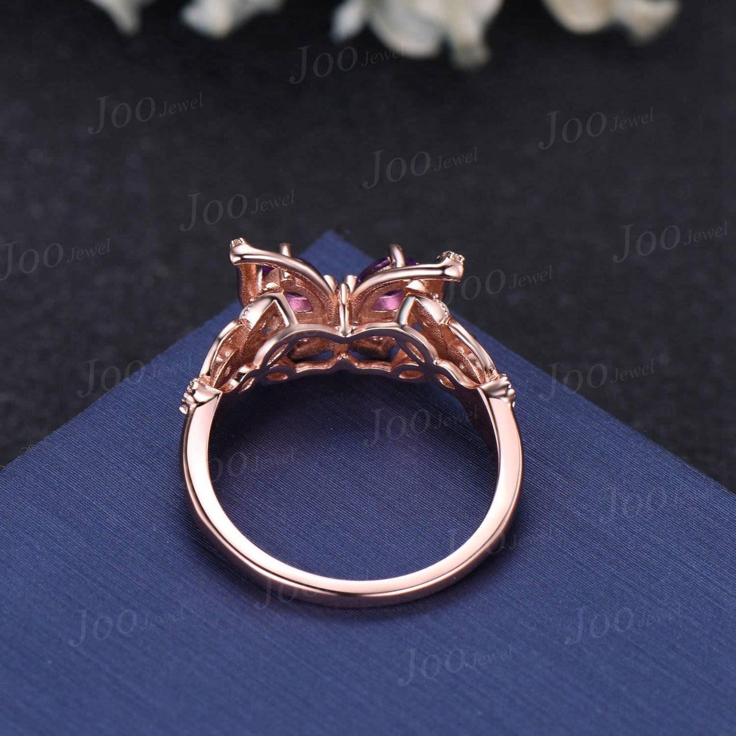 Unique Amethyst Opal Butterfly Engagement Ring 14K Solid Rose Gold Filigree Hollow Crafts Vintage Fantasy Bridal Set Butterfly Wedding rings