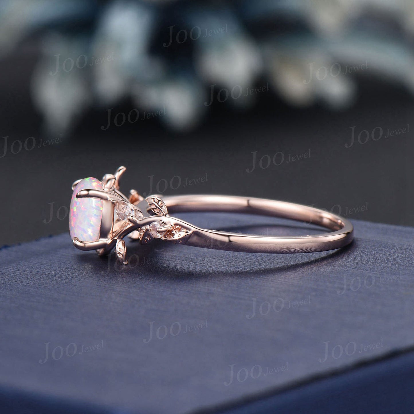 Twig Branch White Opal Ring 10K Rose Gold 1ct Round Fire Opal Moonstone Nature Engagement Ring Unique October Birthstone Birthstone Gifts