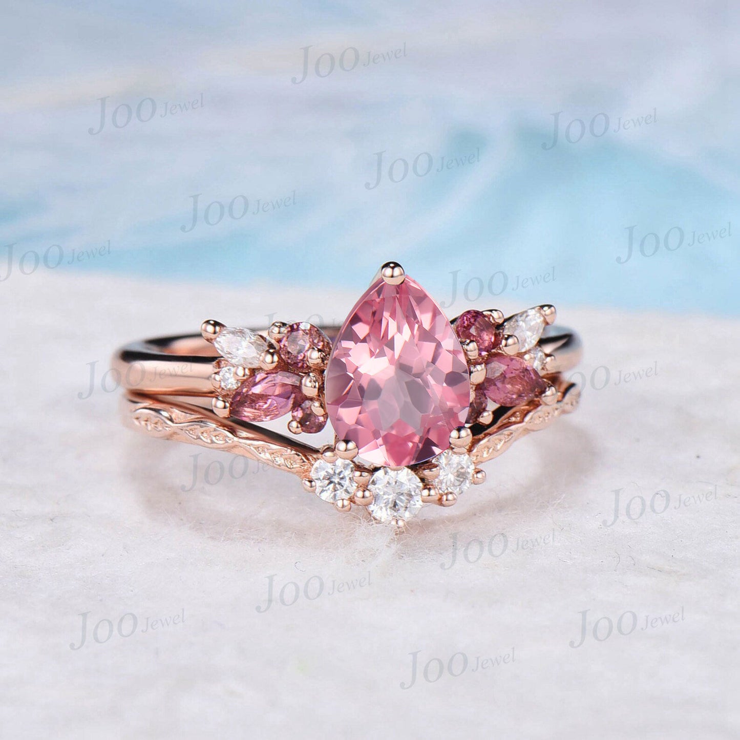 1.25ct Pear Cut Pink Padparadscha Engagement Ring Real Pink Tourmaline Moissanite Cluster Bridal Set Twig Vine Band Anniversary Gifts Women