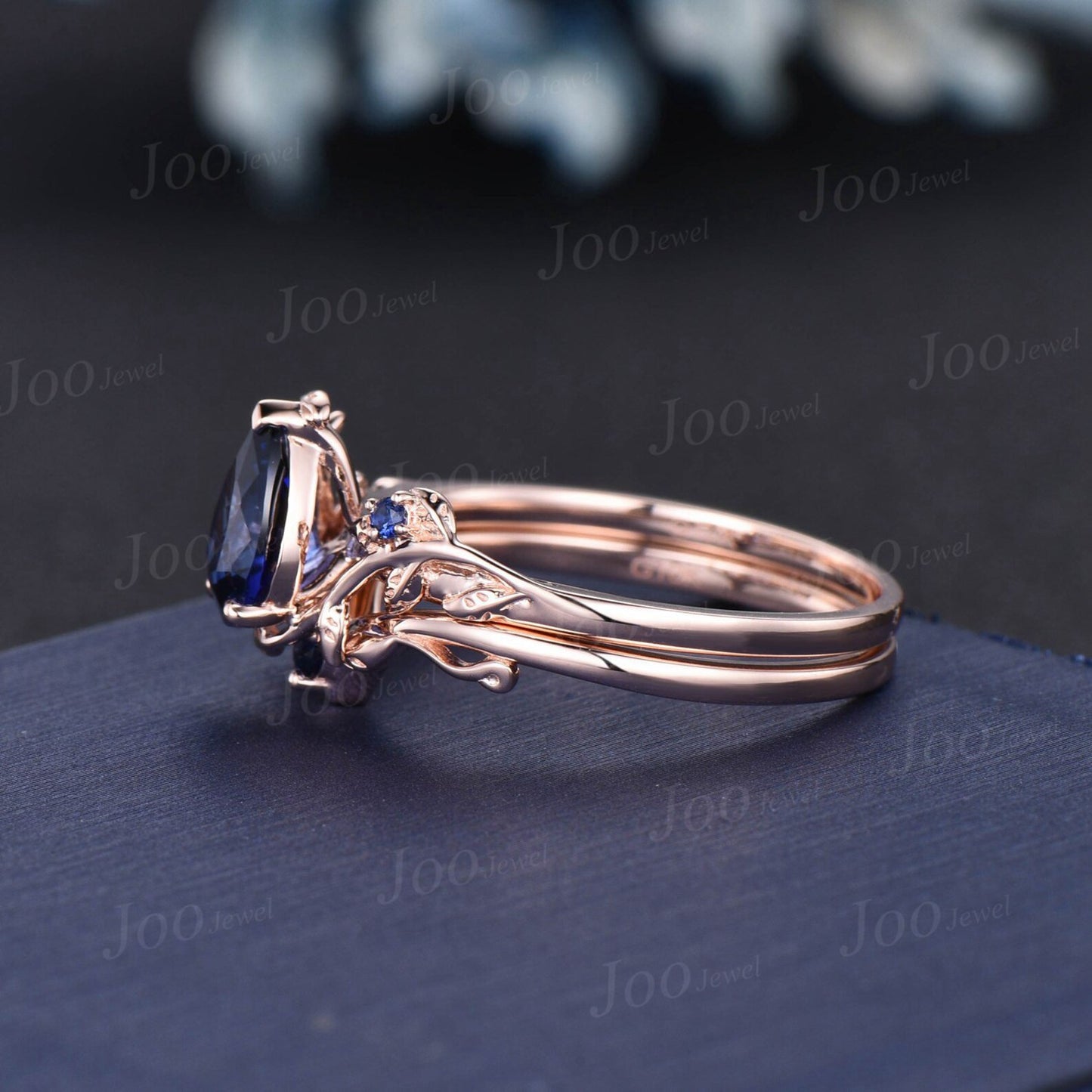 Nature Inspired Blue Sapphire Bridal Set Rose Gold Twig Vine Floral Pear Wedding Ring Unique September Birthstone Birthday/Anniversary Gifts