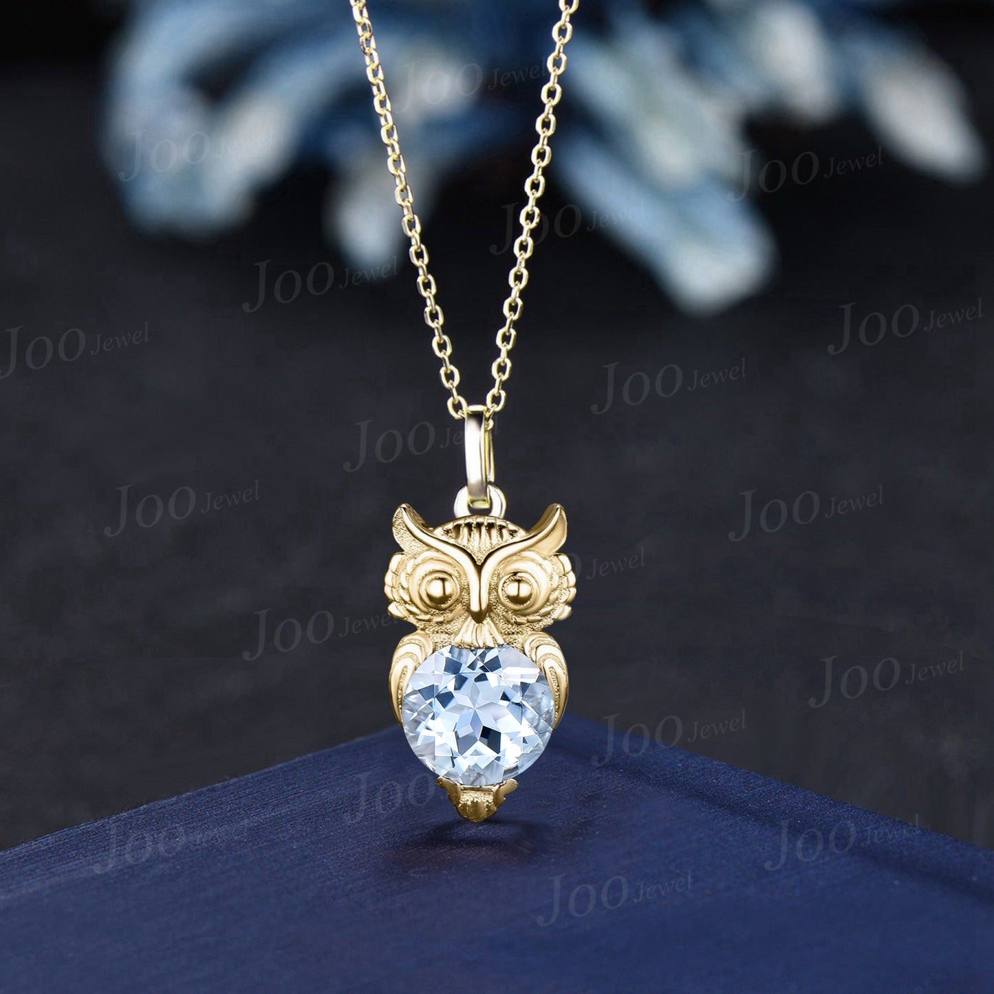 Unique Cute Owl Natural Aquamarine Wedding Necklace Sterling Silver Round Aquamarine Pendant March Birthstone Gift Animal Gemstone Jewelry