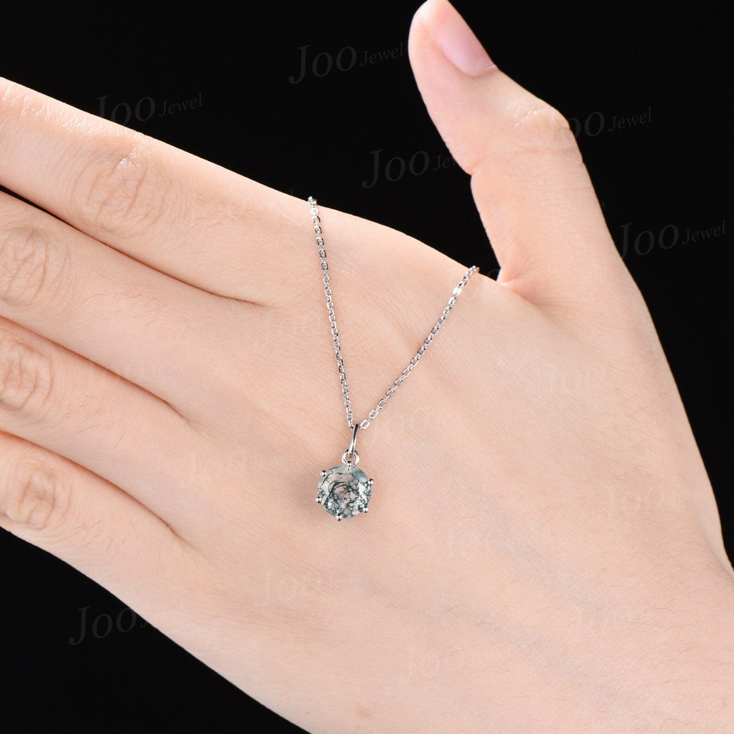 7mm Round Natural Moss Agate Necklace Silver/Solid 14k/18k Rose Gold Vintage Personalized Wedding Pendant For Women Anniversary Bridal Gifts