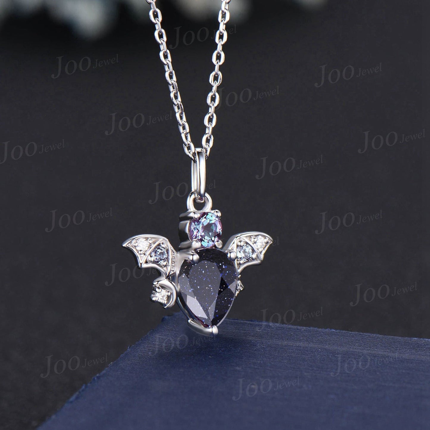 Teardrop Starry Sandstone Pendant Solid 14k Rose Gold Moon Star Alexandrite Diamond Bat Necklace Antique Vintage Blue Gemstone Necklace Gift