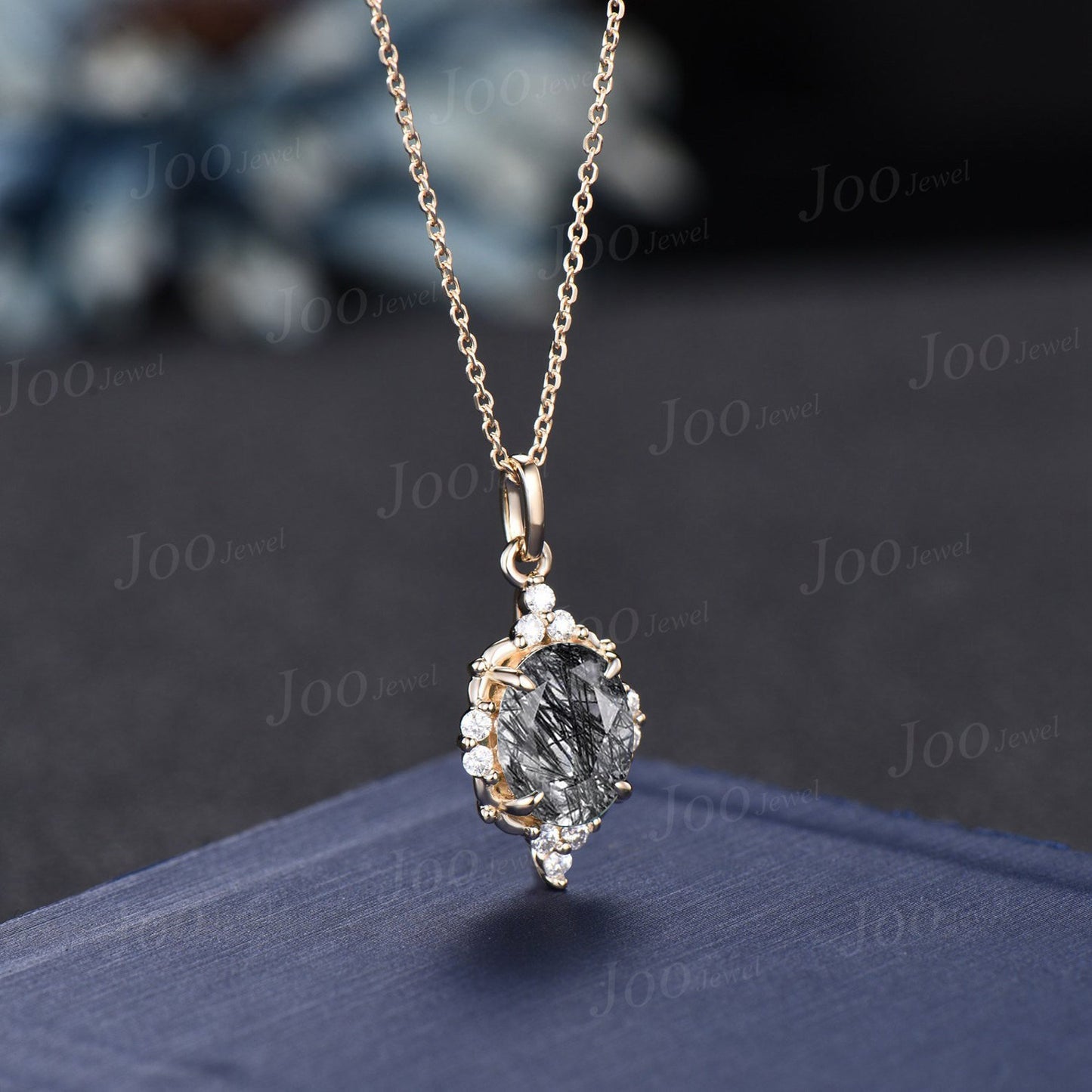 Oval Cut Natural Black Rutilated Quartz Pendant Vintage 14K Gold Crystal Necklace Twig Vine Branch Halo Moissanite Necklace Anniversary Gift