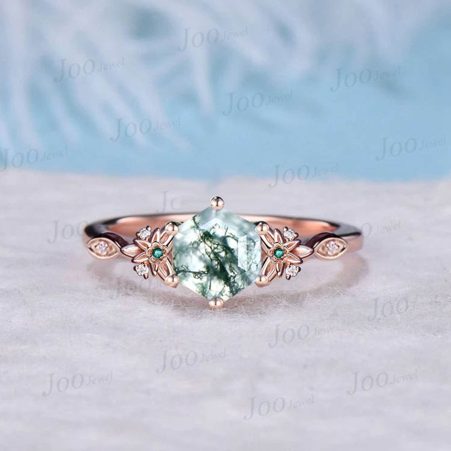 Vintage Oval Natural Green Moss Agate Emerald Engagement Ring Rose Gold Twig Leaf Floral Antique Unique Cluster Diamond Bridal Wedding Ring