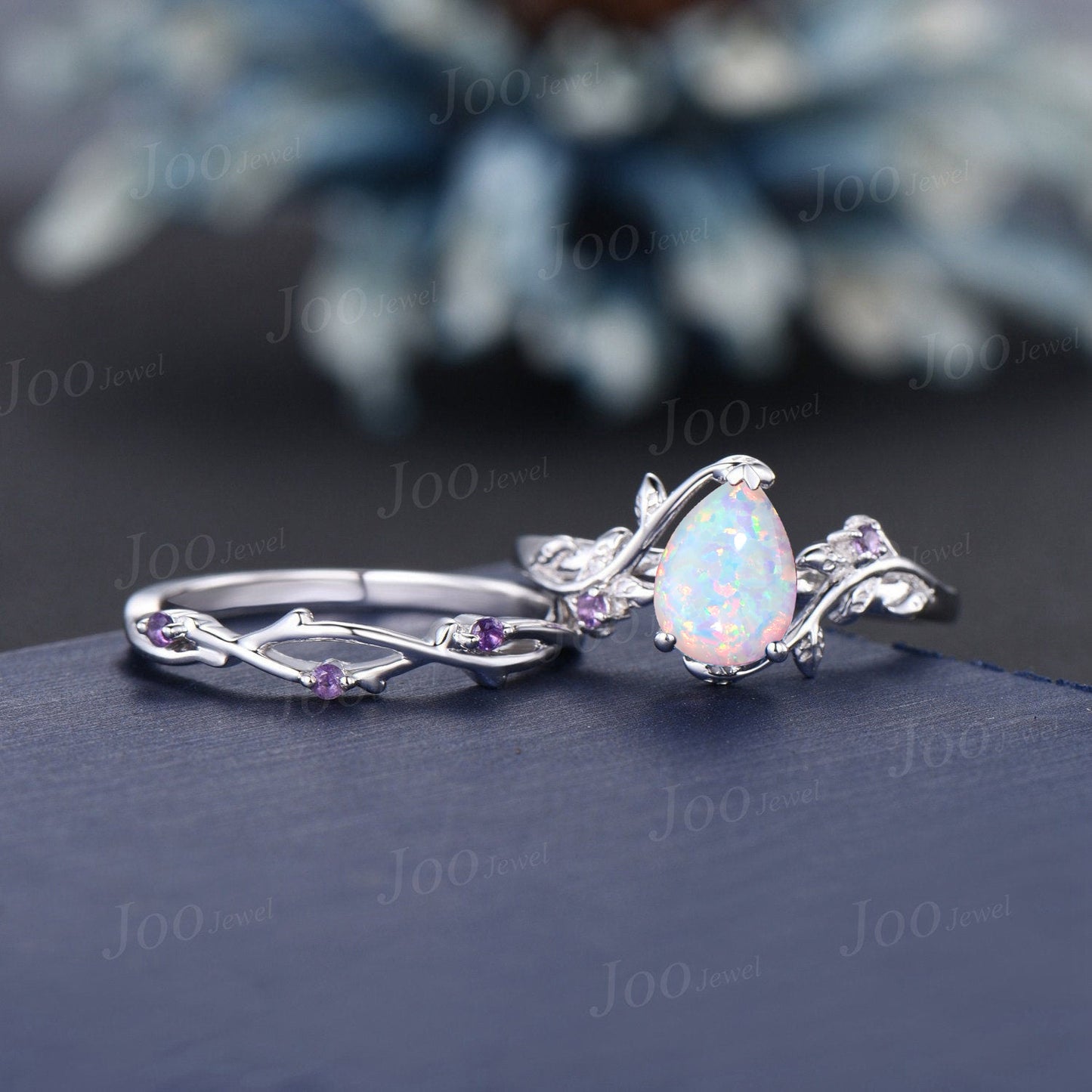 1.25ct Twig Vine White Opal Bridal Set Unique Sterling Silver Pear Shaped Fire Opal Amethyst Nature Wedding Ring Leaf Branch Promise Rings