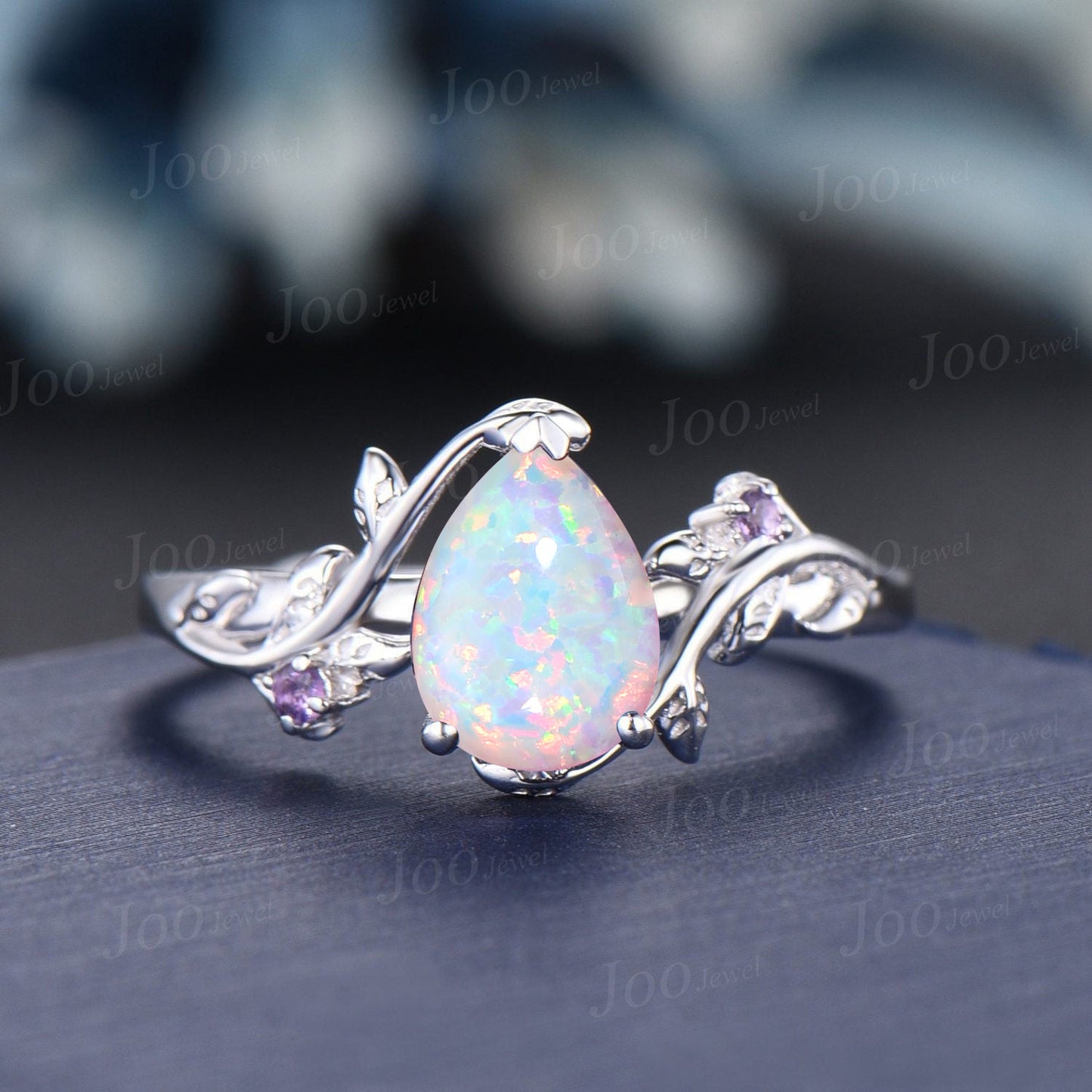 1.25ct Twig Vine White Opal Bridal Set Unique Sterling Silver Pear Shaped Fire Opal Amethyst Nature Wedding Ring Leaf Branch Promise Rings