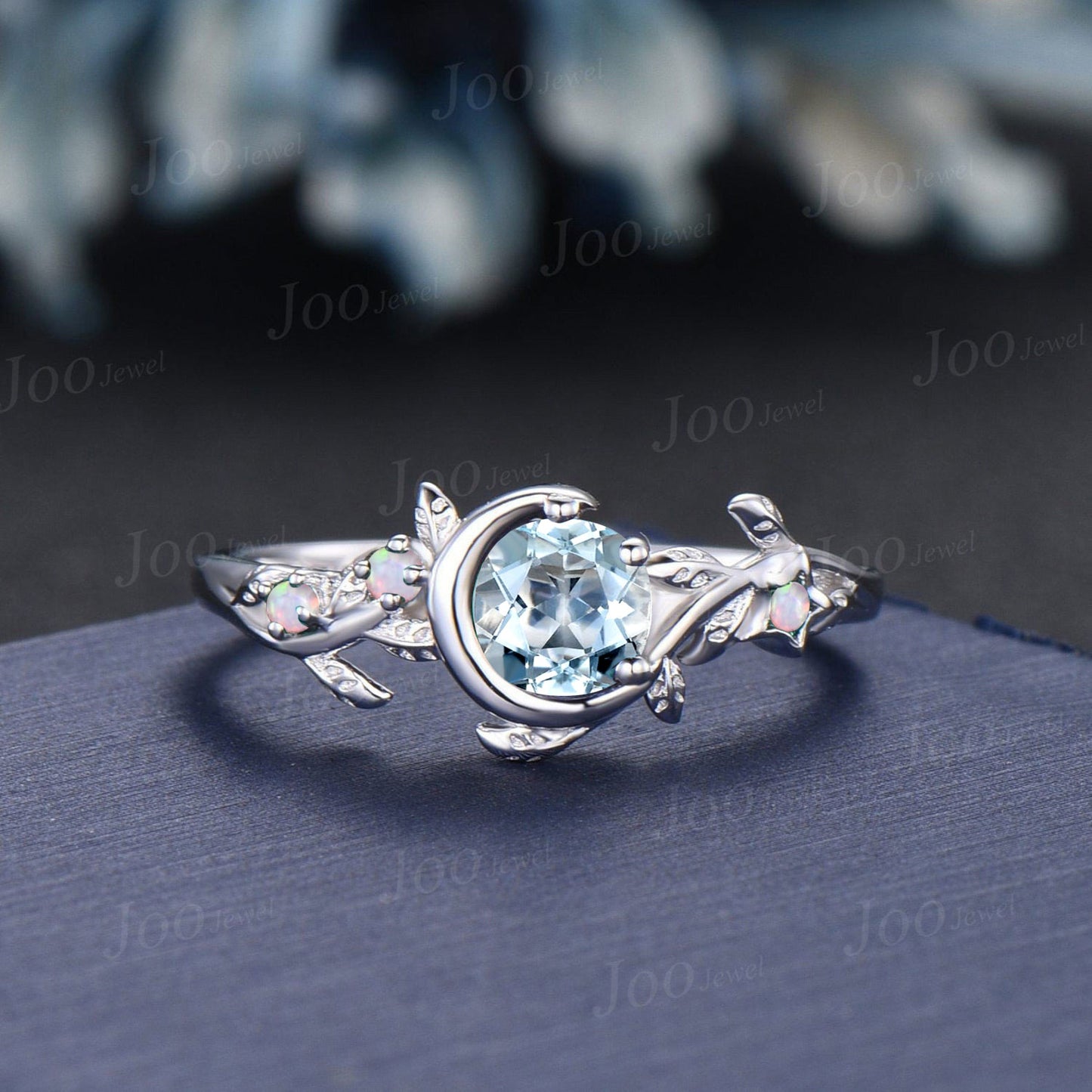 5mm Round Cut Natural Aquamarine Promise Ring 10K White Gold Moon Star Wedding Ring Branch Leaf Engagement Ring Summer Ocean Gemstone Ring