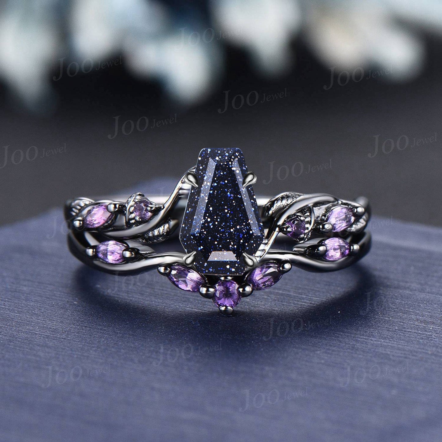 Princess Cut Blue Goldstone Ring Set Nature Inspired Galaxy Blue Sandstone Amethyst Bridal Set Unique Twig Vine Black Gold Wedding Ring Set