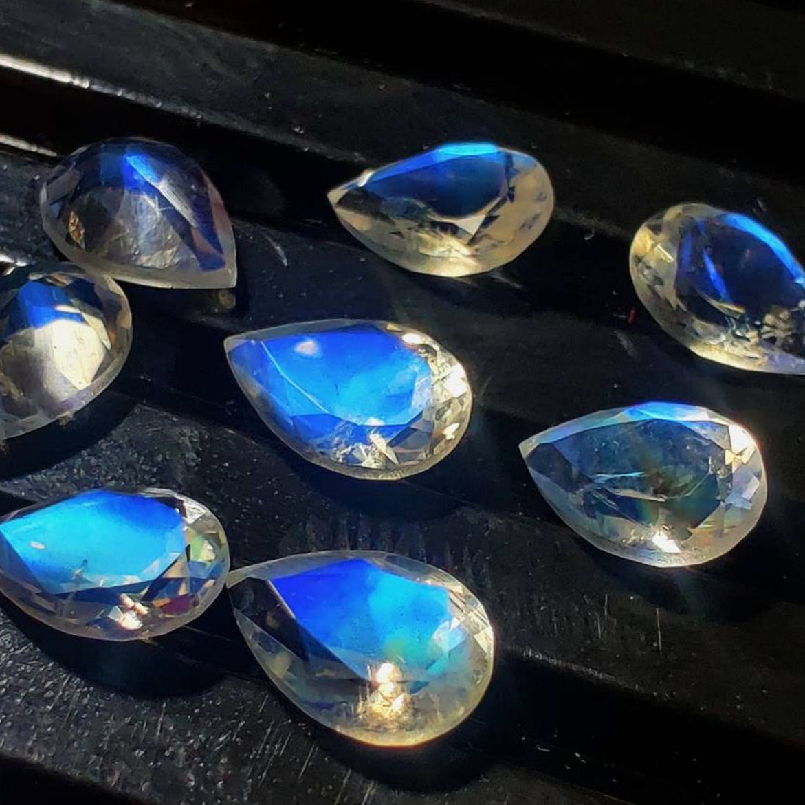 14K Black Gold Engagement Ring Pear Cut Rainbow Moonstone Ring Set Branch Leaf Natural Moonstone Bridal Set Blue Gemstone Ring Proposal Gift